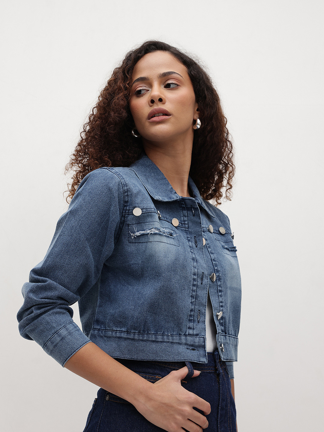 The Roadster Life Co. Crop Denim Jacket With Raw Edge Detail