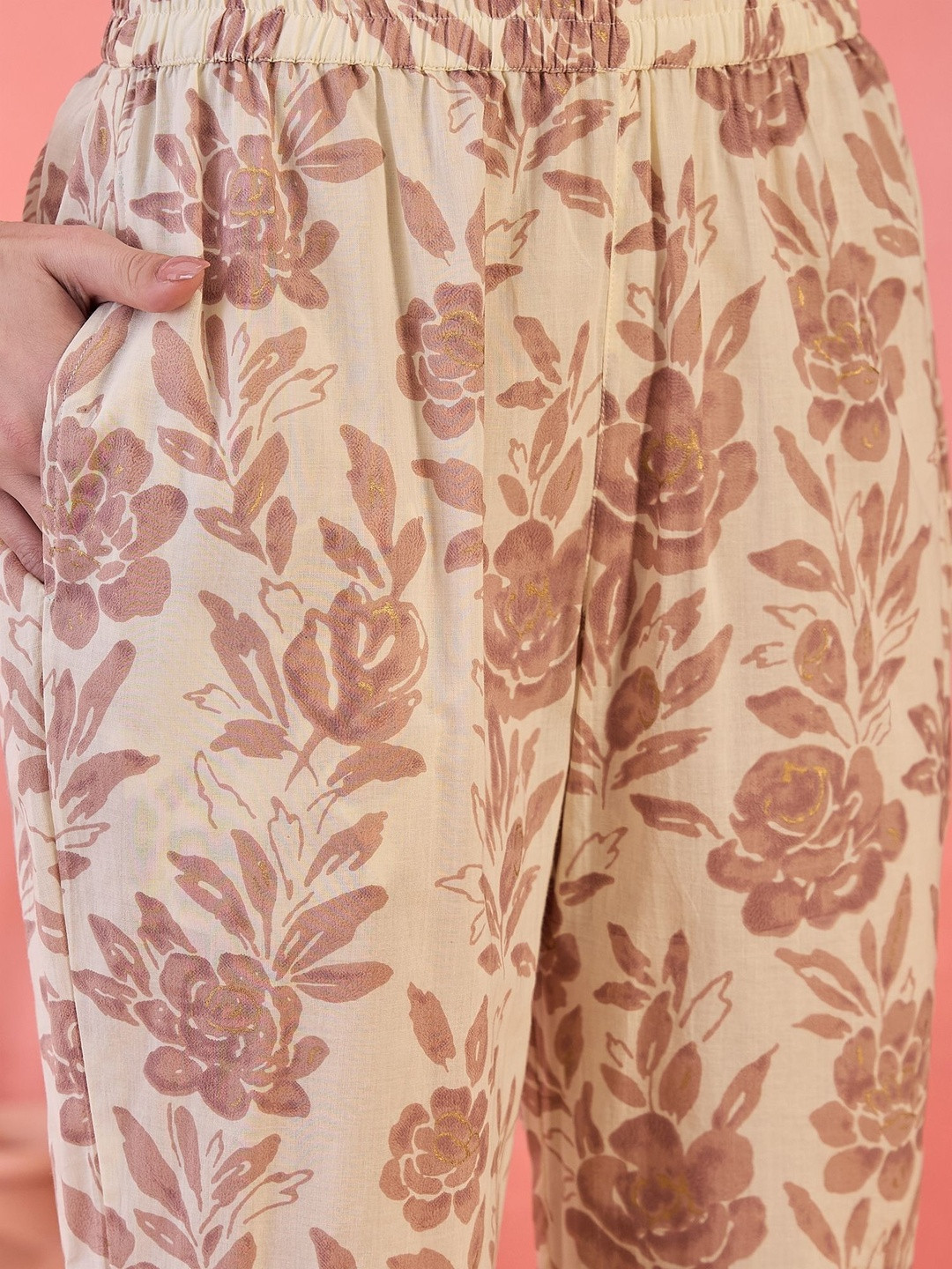 Here & Now Beige Floral Printed Knot Style Co-ord Set