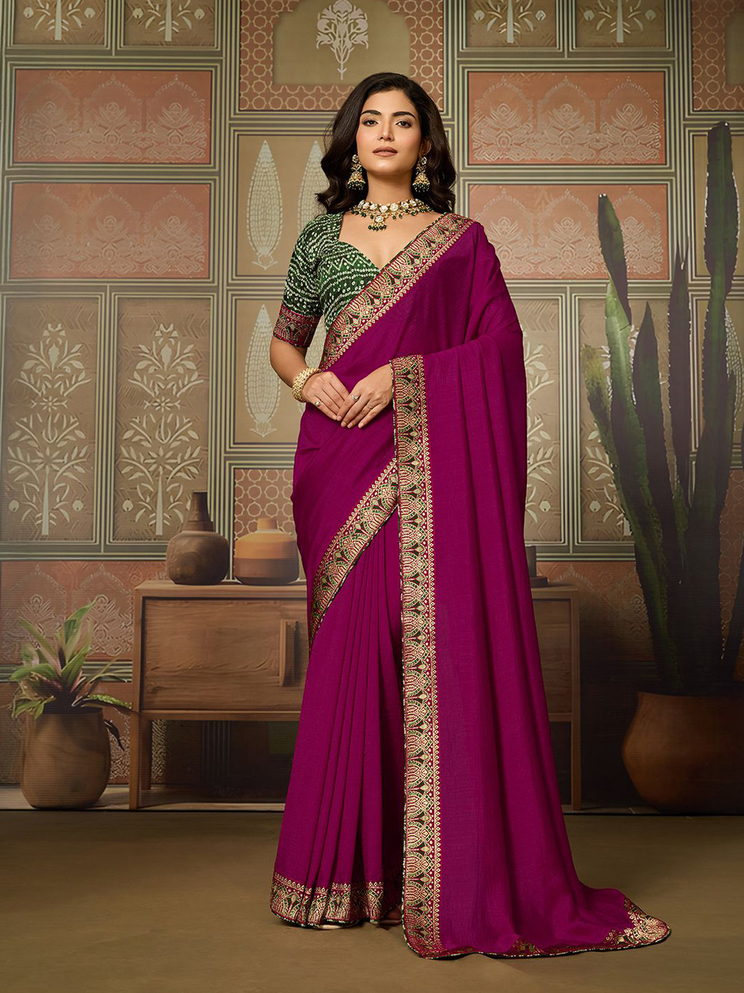 Mitera Woven Design Border Saree With Unstitched Printed Blouse