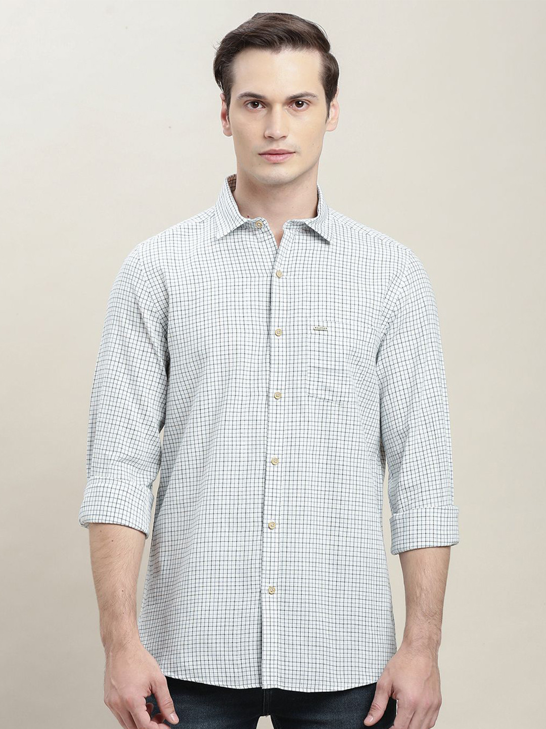 Turtle Relaxed Slim Fit Grid Tattersall Checks Spread Collar Roll-Up Sleeves Cotton Shirt