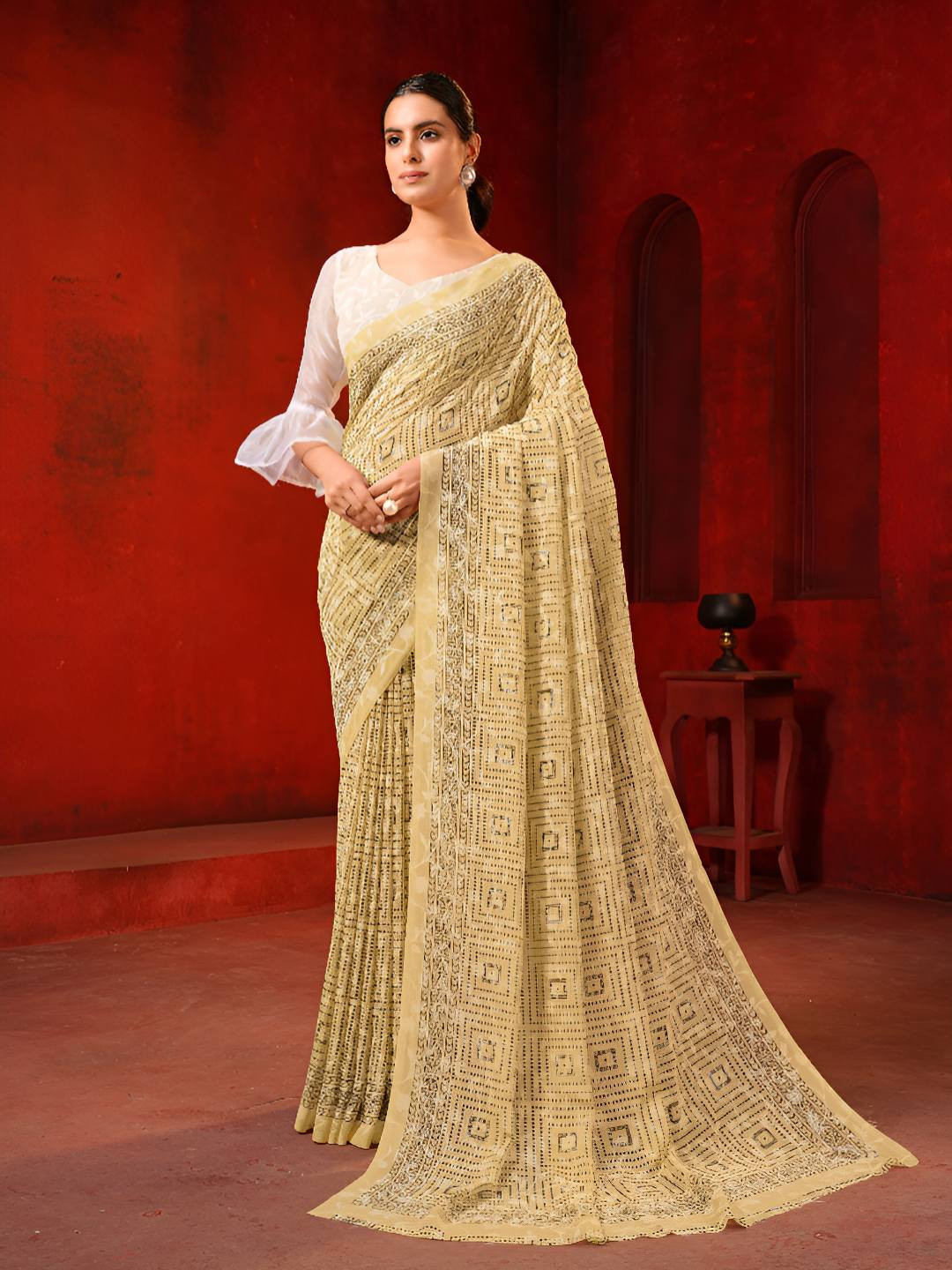 Garden Vareli Geometric Printed Brasso Saree