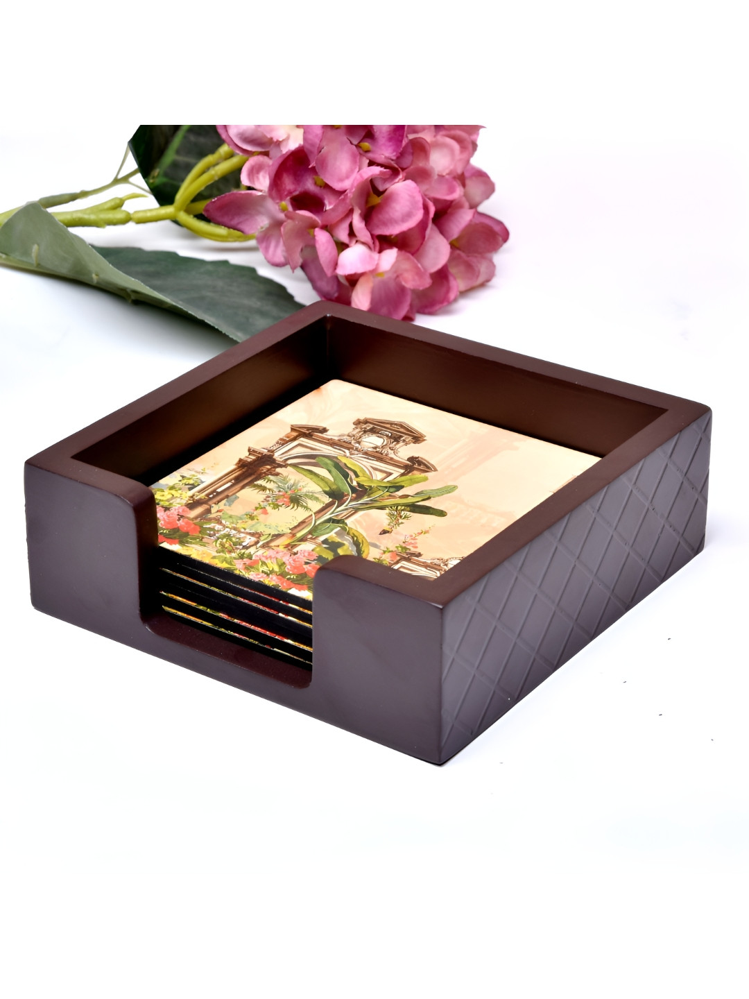 Home Sparkle Brown & Green 7 Pieces Printed Square Coasters With Holder