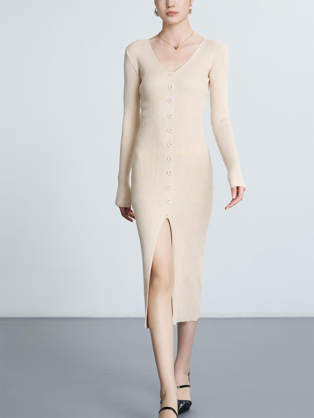 bebe Women Ribbed Knit Button-Front Midi Dress