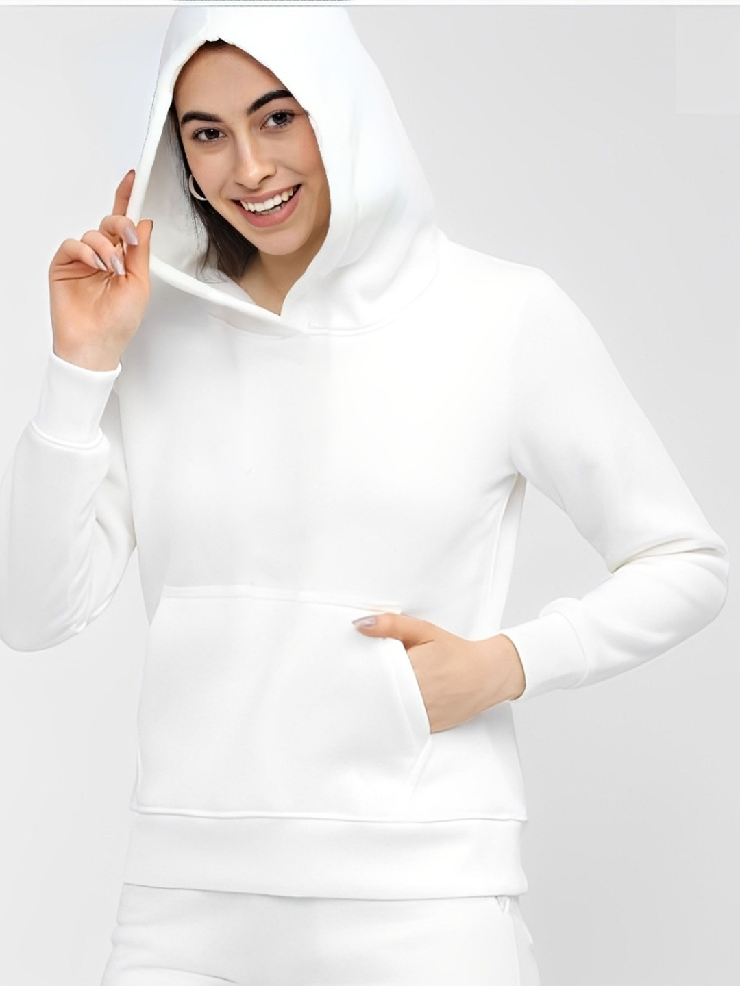 Kushi Flyer Women White Hooded Long Sleeves Ribbed Fleece Sweatshirt