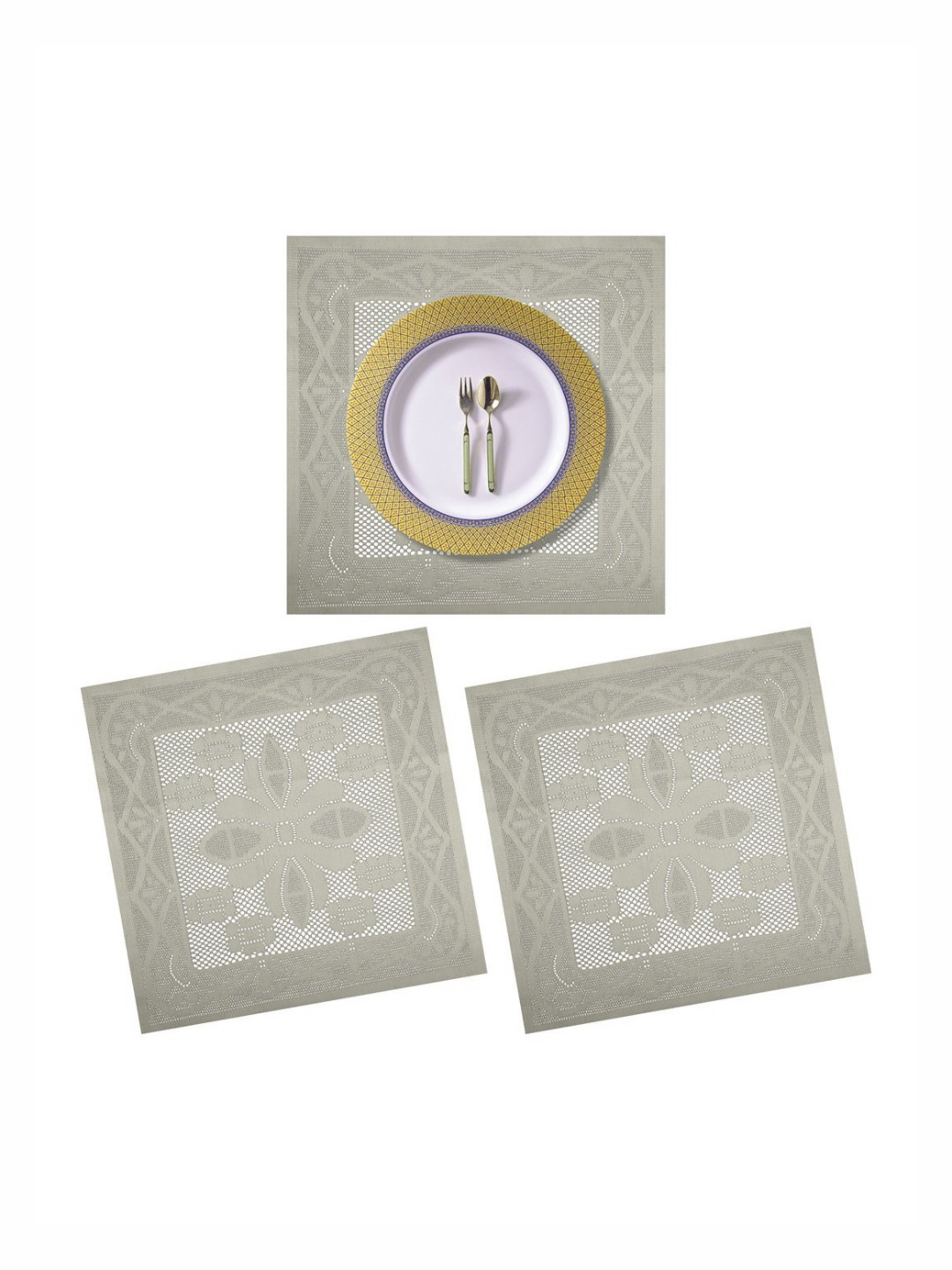 Aura Cream-Colored 3 Pieces Self-Design Cotton Square Shape Table Placemats