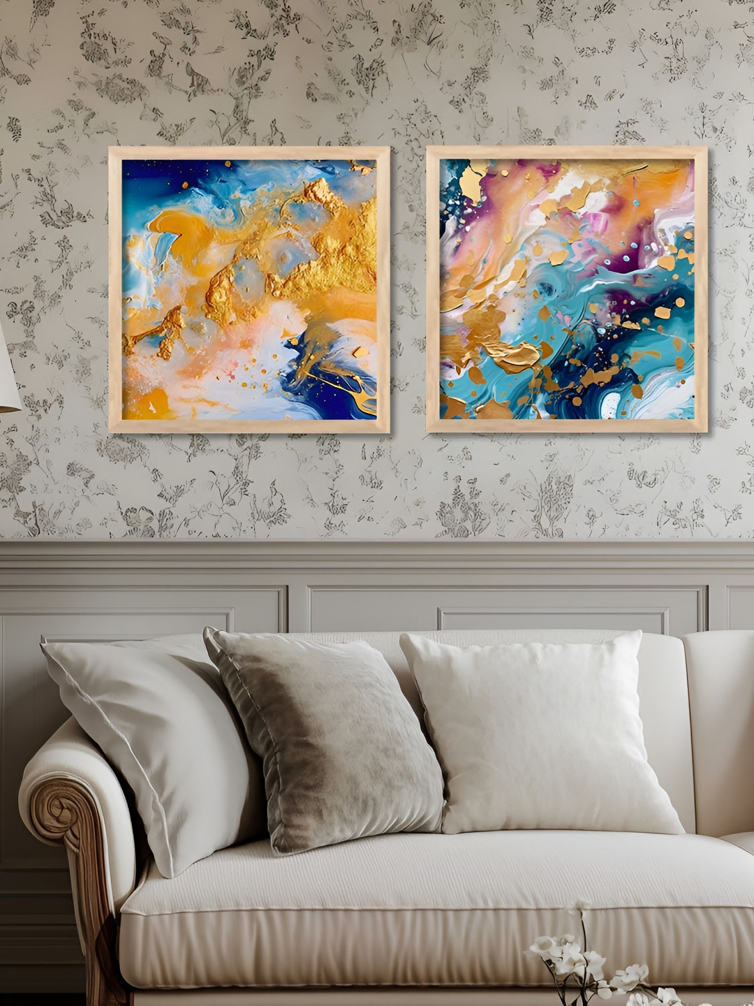 Kotart Teal Blue & Yellow  2 Pieces Abstract Wooden Wall Arts