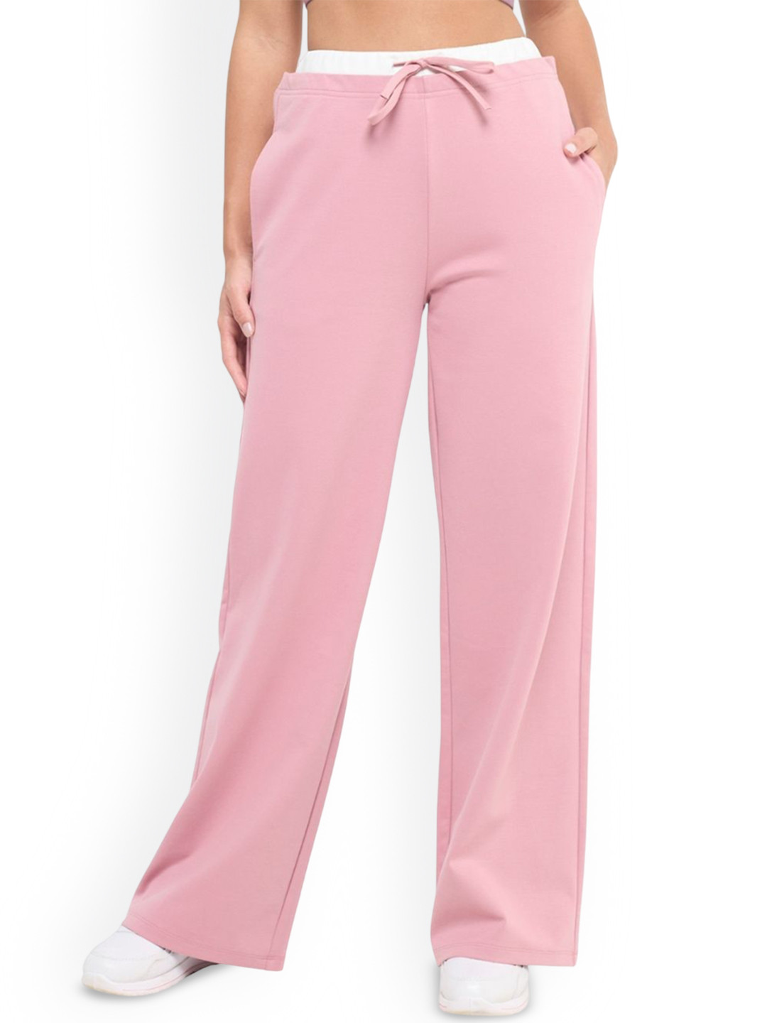 Hunnit Women High Waist Double Waistband Cotton Flared Straight Pant
