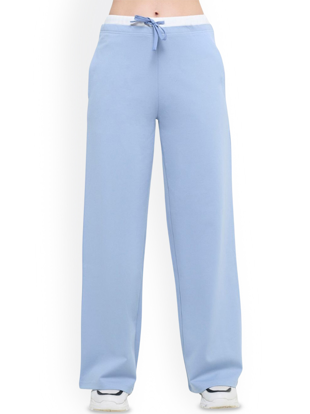 Hunnit Women High Waist Double Waistband Cotton Flared Straight Pant