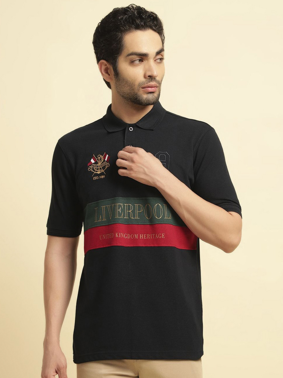 Cantabil Colourblocked Liverpool Polo Collar Cotton T-Shirt