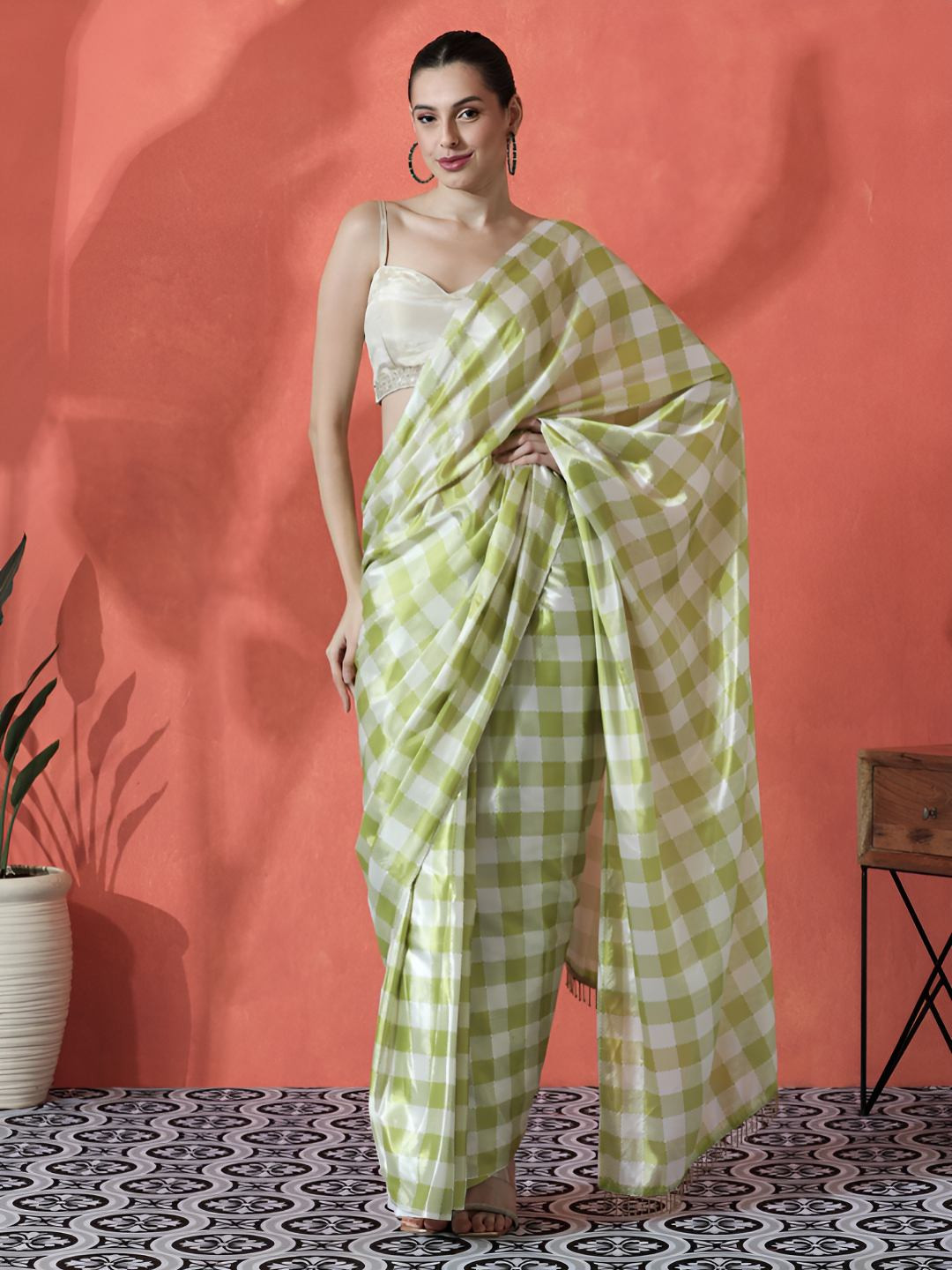 Desi Fusion Art Silk Checked Beads and Stones Saree