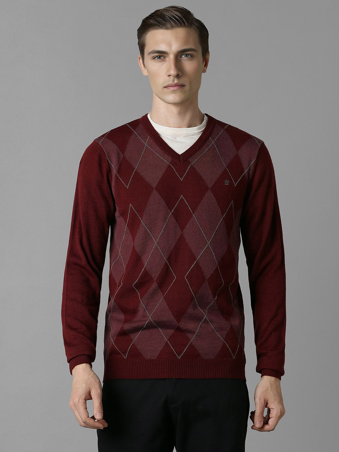 Louis Philippe Checked Crew Neck Full Sleeves Pullover Sweater