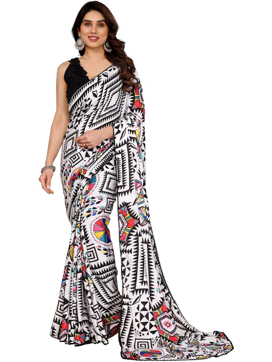 KALINI Black Satin Printed Sarees