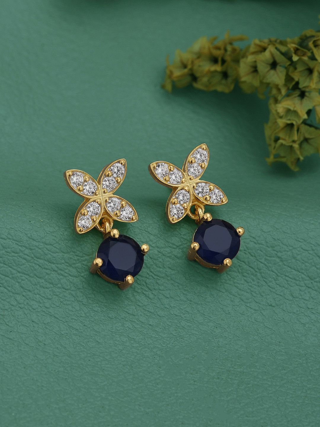Carlton London 18kt Gold Plated CZ Floral Saphire Circular Drop Earring