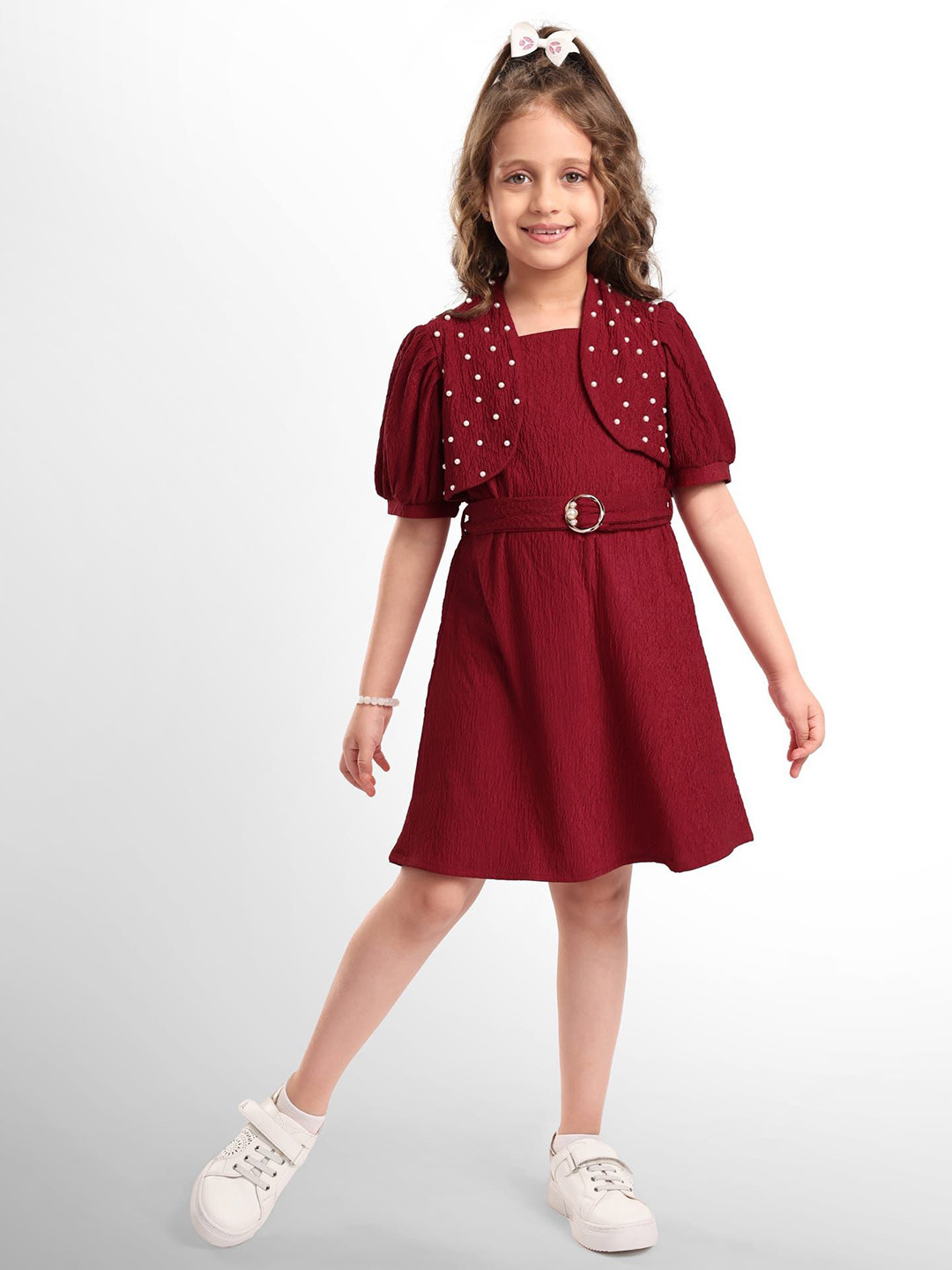 Hola Bonita Girls Embellished Pearl Detailing Puff Sleeve Fit & Flare Dress with Belt