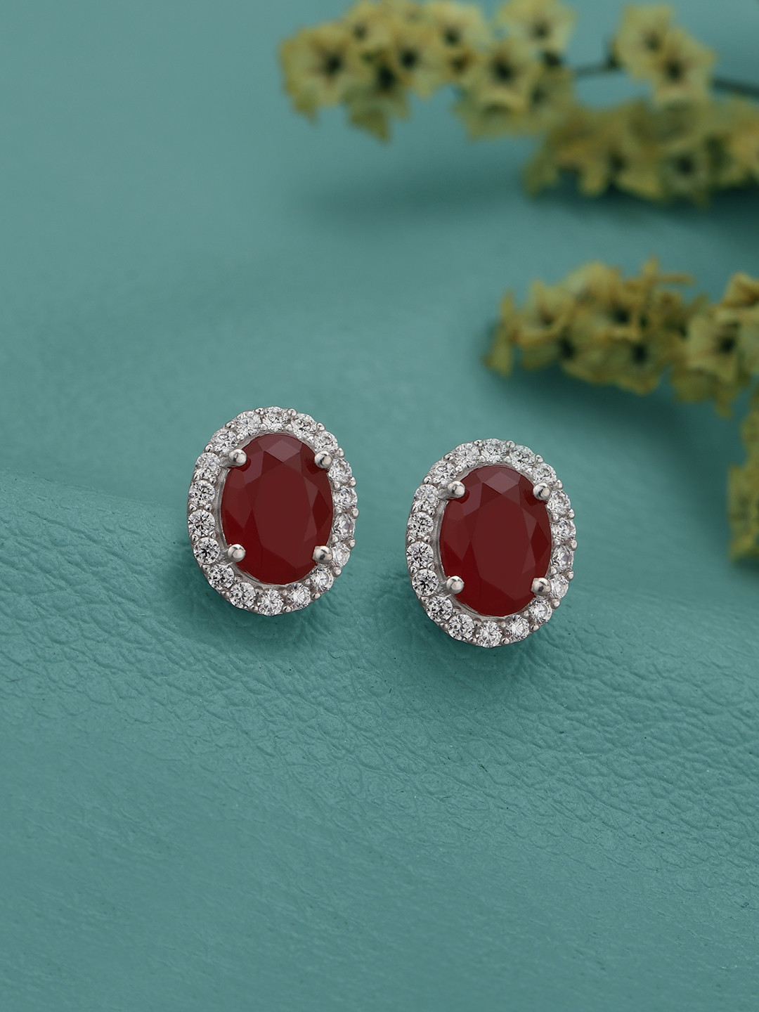 Carlton London Rhodium Plated CZ Ruby Oval Stud Earring