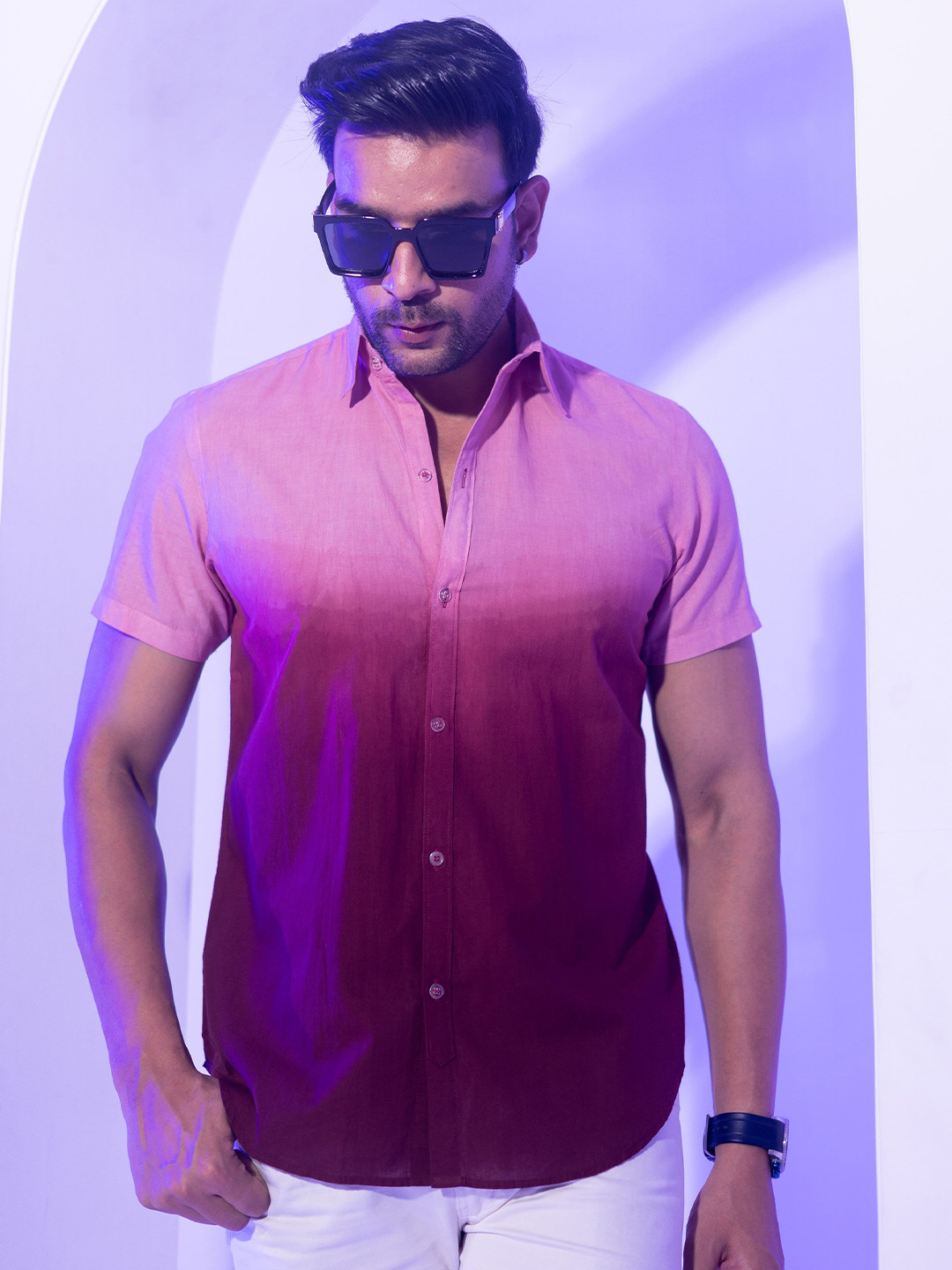 INAAYA JAIPUR Ombre Dyed Spread Collar Modern Regular Fit Cotton Casual Shirt