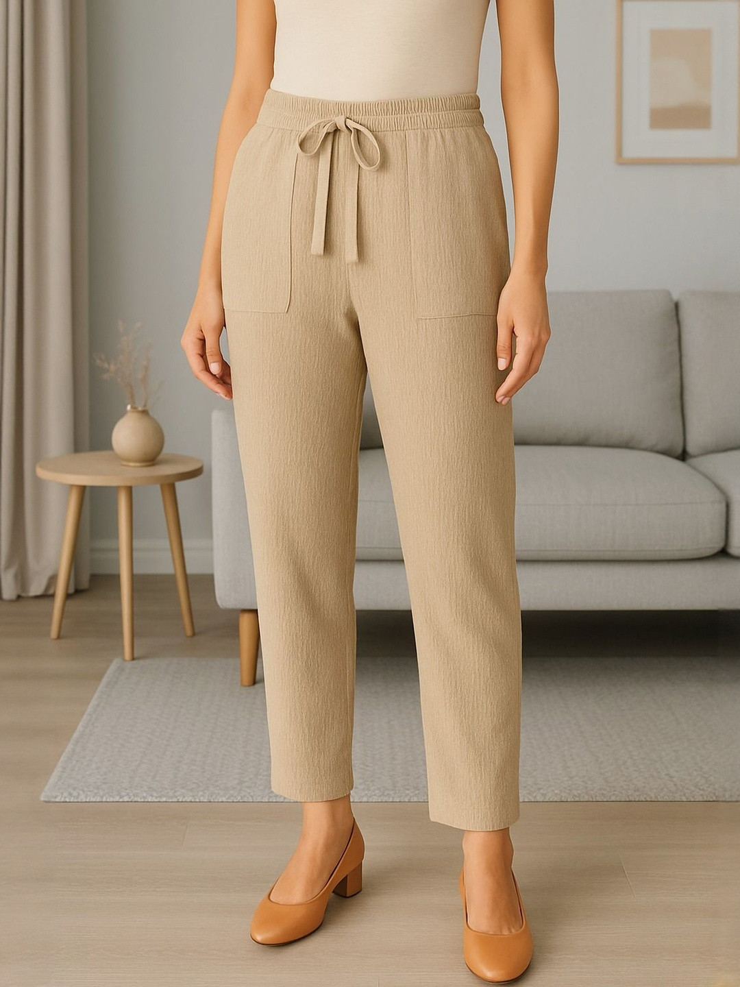 CORSICA Women Cream Loose Fit Cotton Trousers