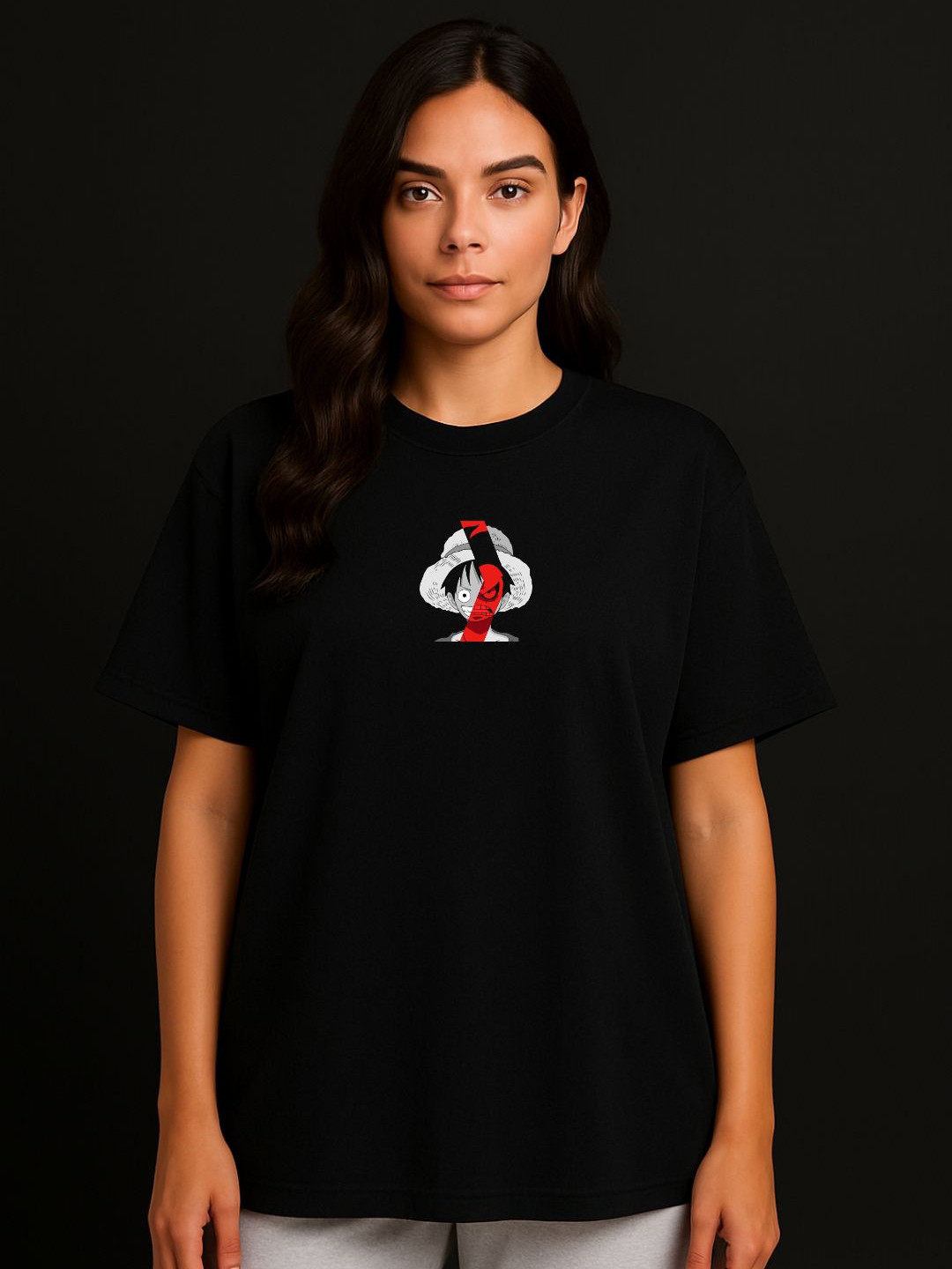 Anikmart Women Monkey D Luffy Dri-FIT Graphic Printed Round Neck Cotton Oversized T-shirt