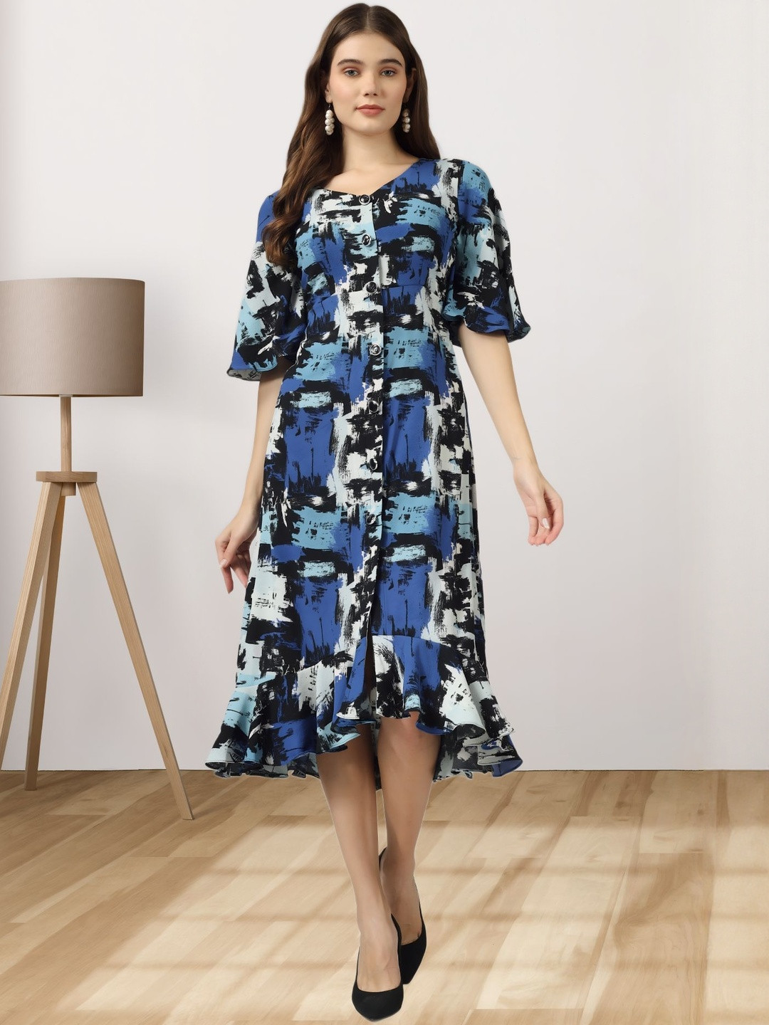 WOWNOON Abstract Print Bell Sleevs A-Line Midi Dress