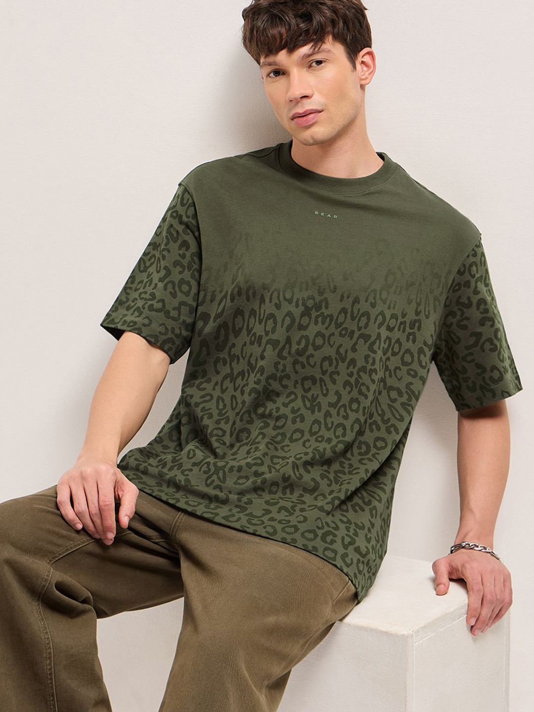 THE BEAR HOUSE Oversized Leopard Printed Crew Neck Pure Cotton T-Shirt