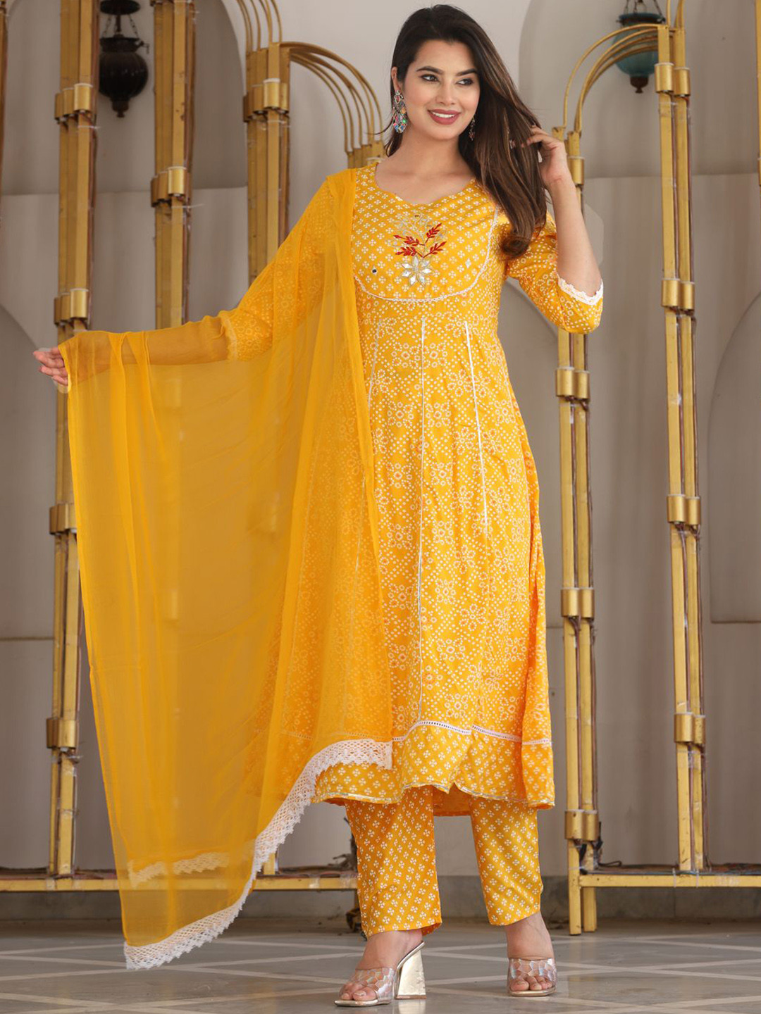 SINGNI Bandhani Printed Round Neck Anarkali Kurta with Trousers & With Dupatta