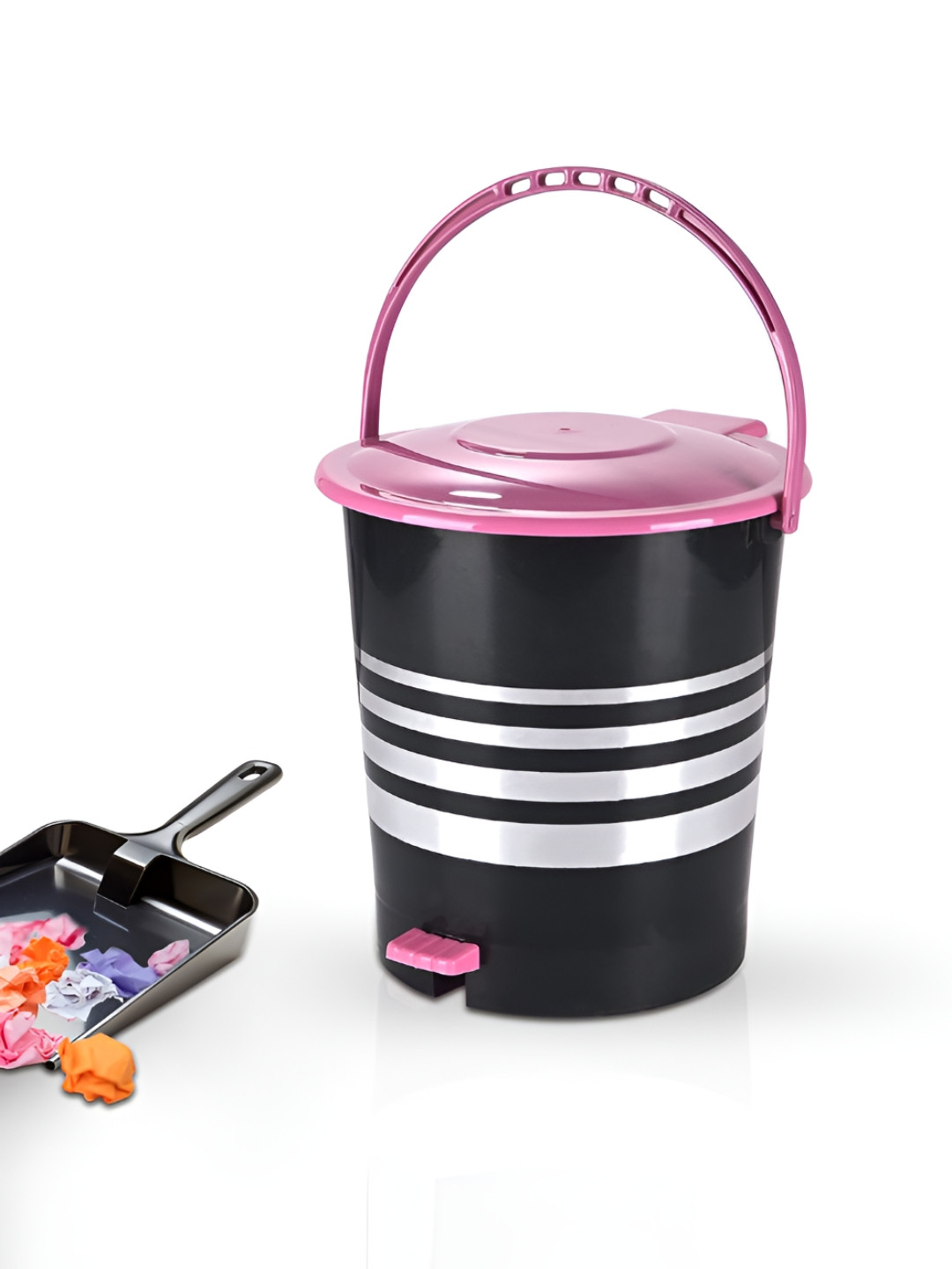 Aura Black & Pink Striped Dust Bin - 10 L