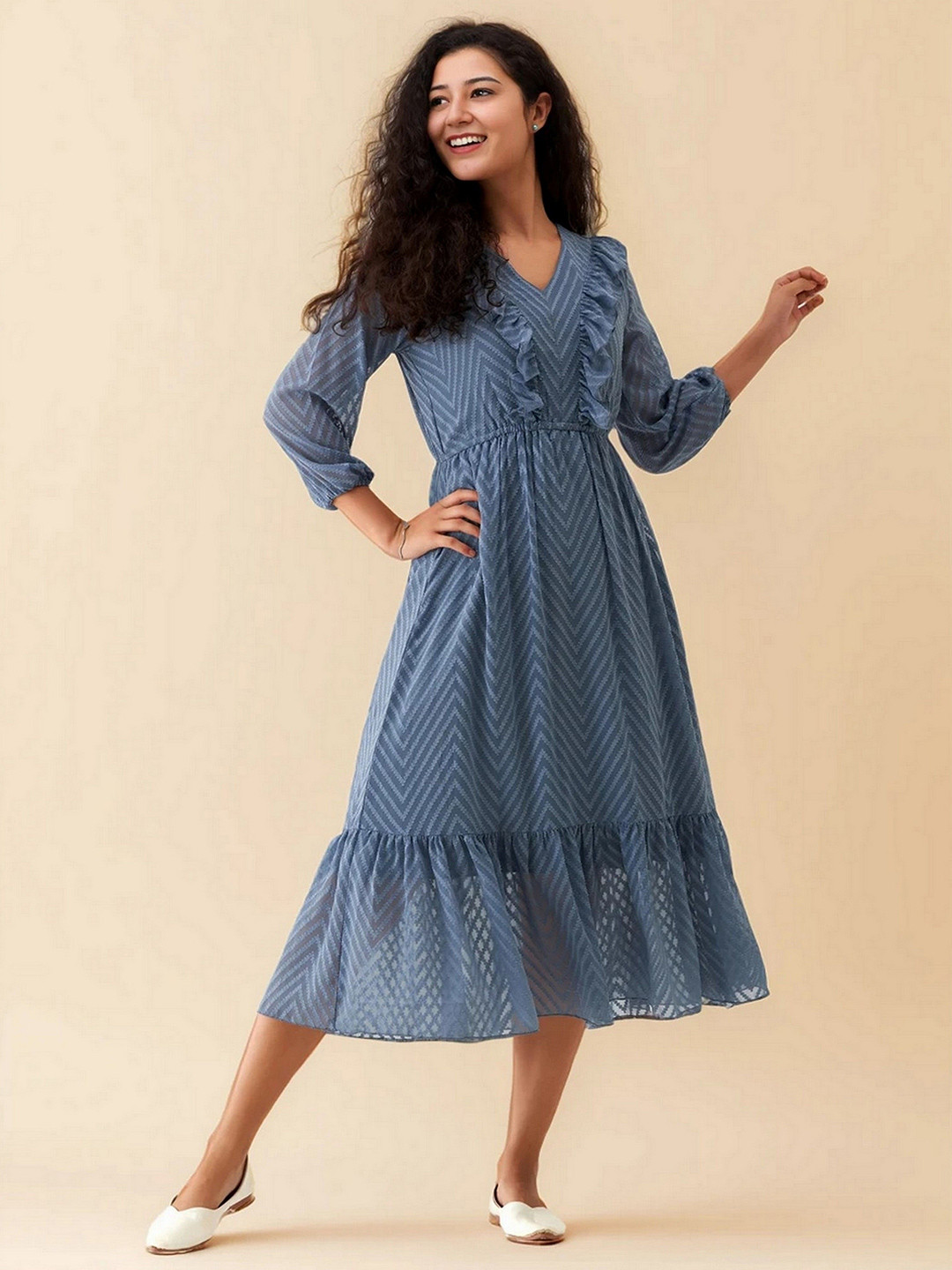 AASK Women's Greyish Blue Crepe Fit and Flare Calf Length Dress