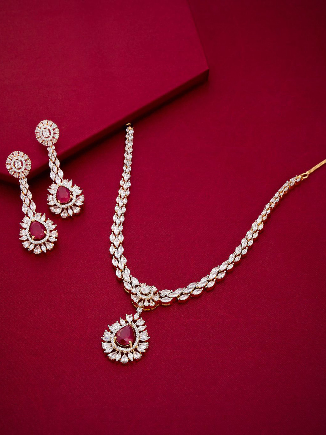 Kushal's Fashion Jewellery Gold-Plated Zircon Ruby Detail Jewellery With Earring Set