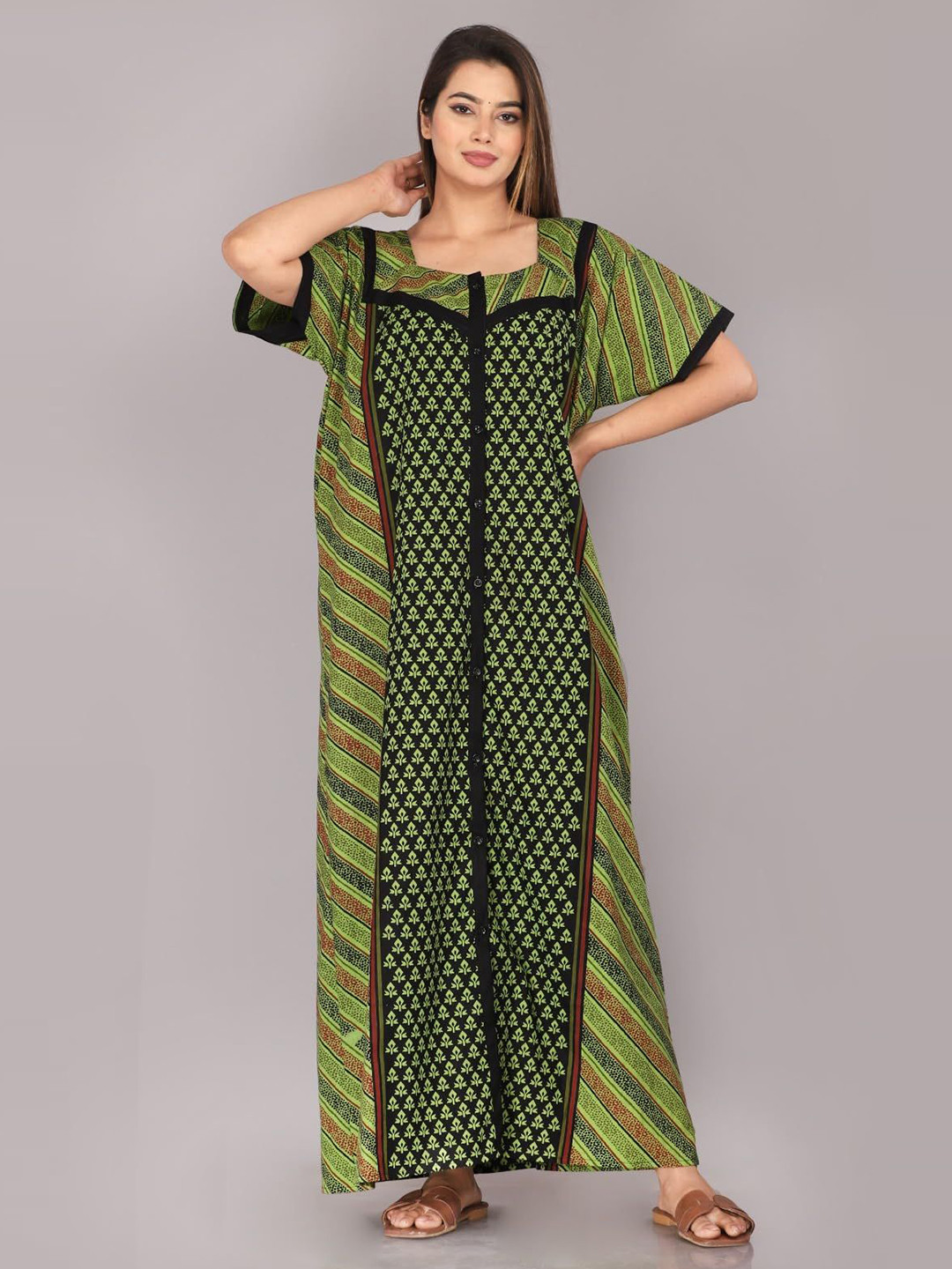 ROOHOO Women Floral Printed Cotton Maxi Nightdress