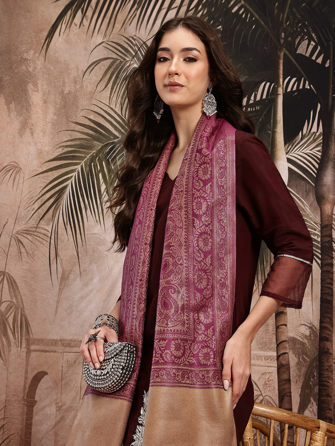 Sangria Paisley Woven Design Shawl with Fringed Border