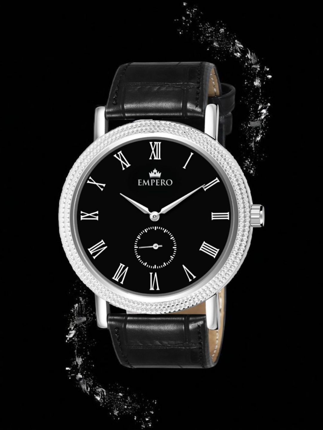 EMPERO Men Leather Straps Analogue Chronograph Watch EAB302 Silver Black Dial Blk