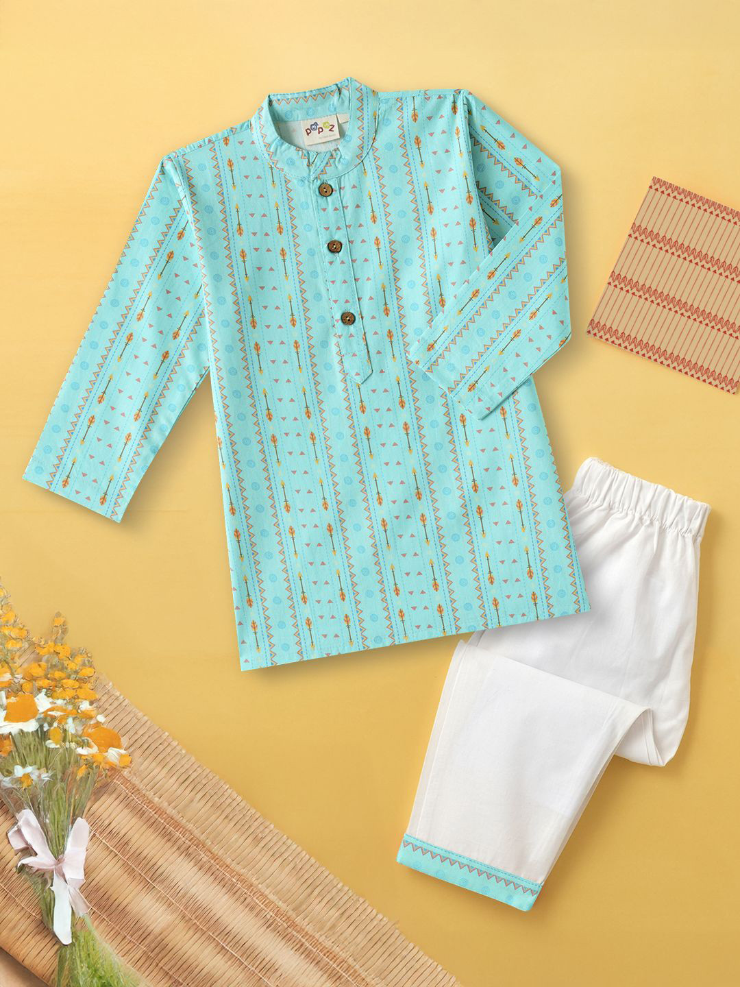 Desi Soota Boys Blue Tribal Arrow String Printed Pure Cotton Kurta with Pyjamas