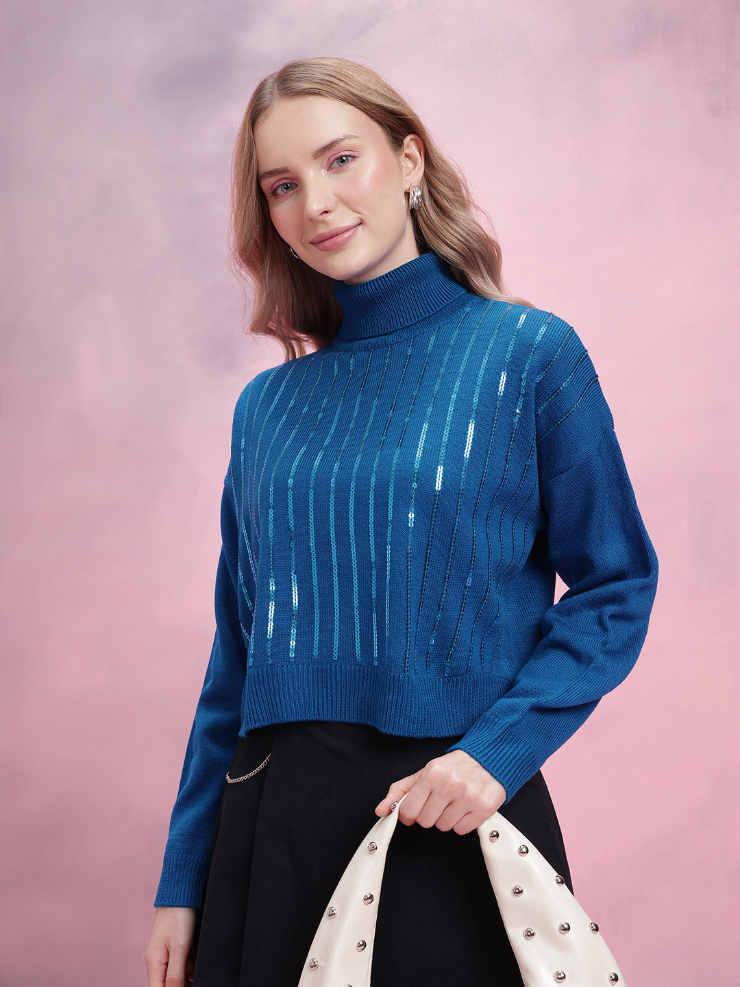 DressBerry Sequin Striped Turtle Neck Drop-Shoulder Pullover