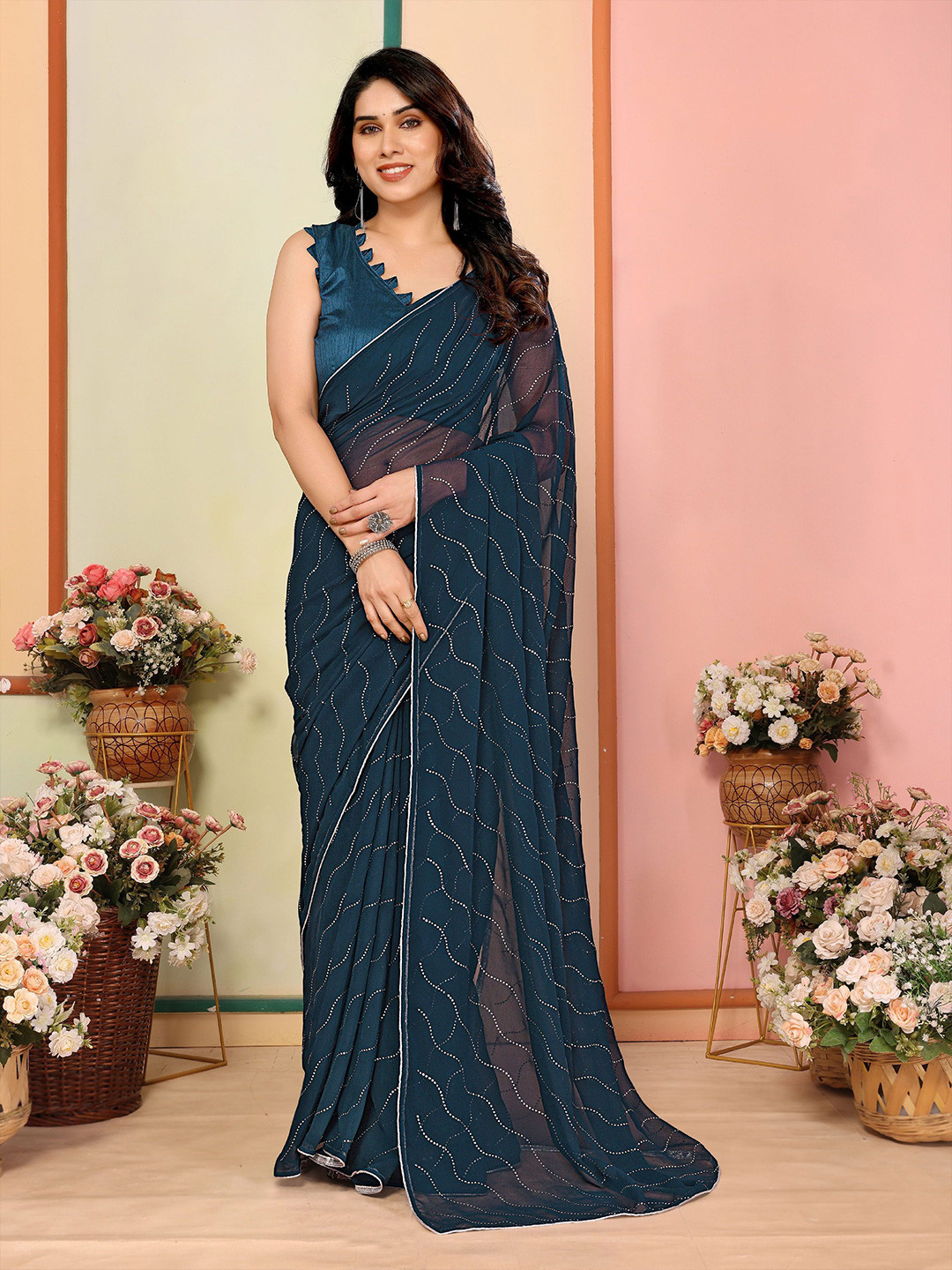 Mitera Embellished Mukaish Work Saree With Blouse Piece