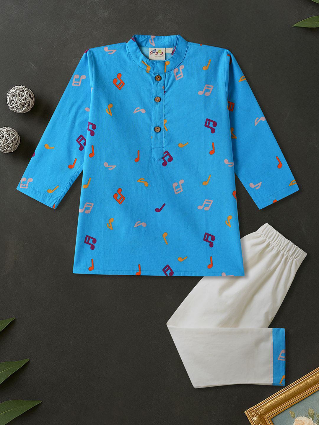 Desi Soota Boys Blue Musical Notes Printed Regular Pure Cotton Kurta With Pyjamas