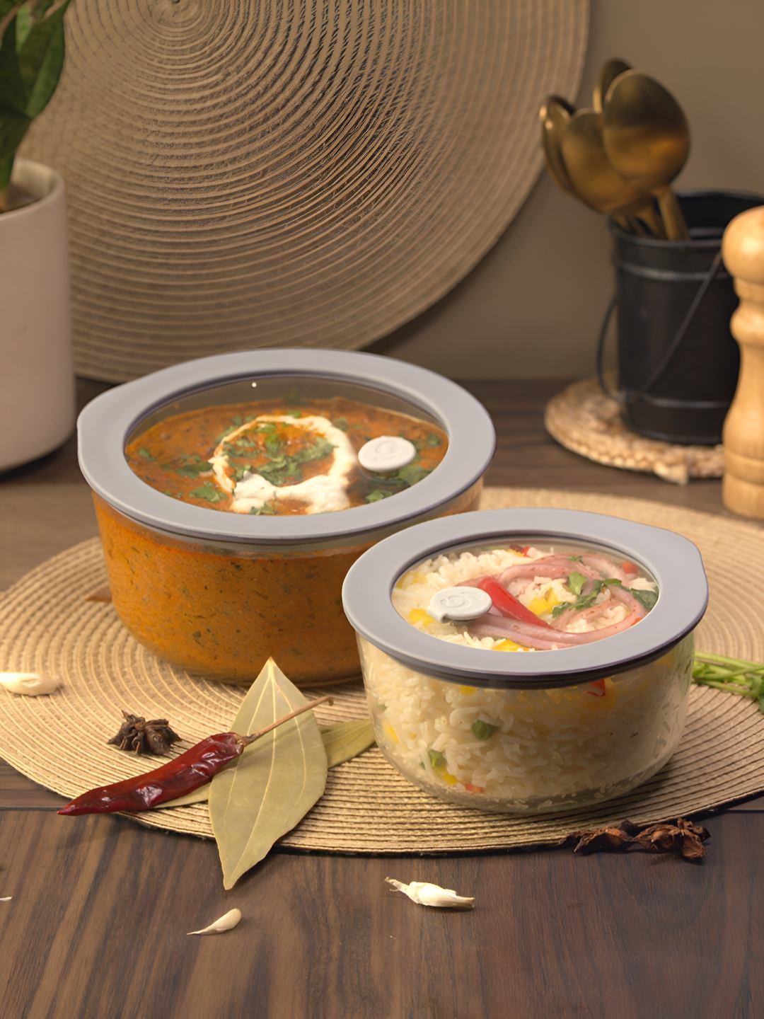 Glasafe Borosilicate Glass Grey Bowl With Lid For Serving & Mixing 950 ml & 500 ml