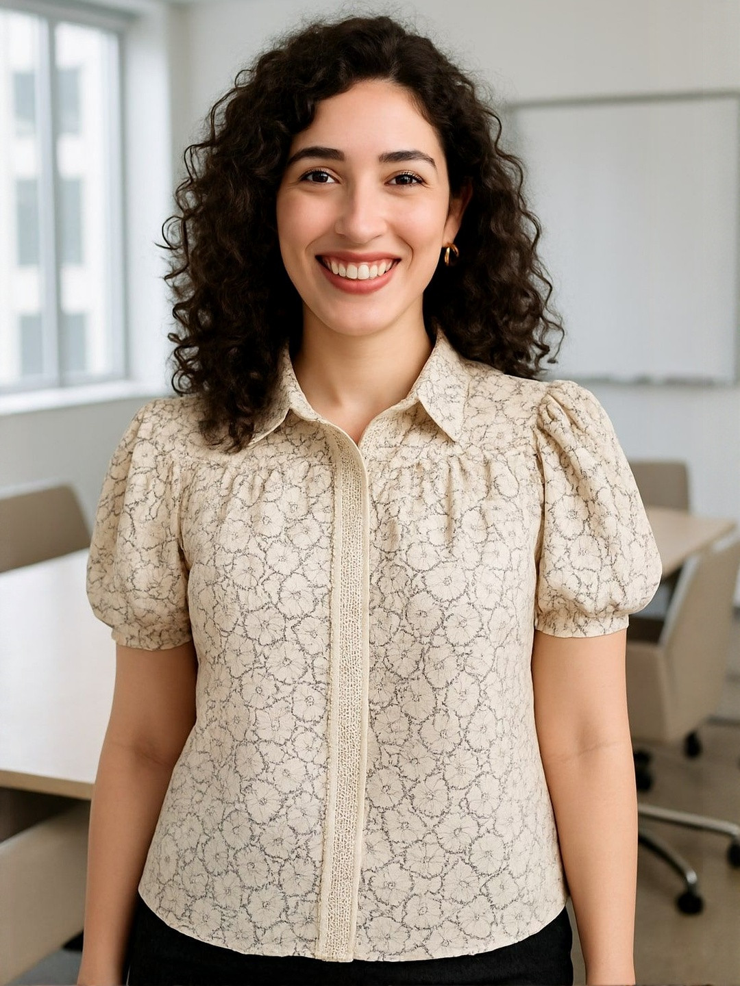 DressBerry Women Brown & Cream Floral Printed Puff Sleeves Cotton Semiformal Shirt