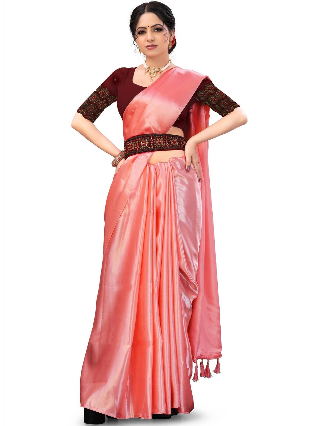 Elite Fashion Pink Satin Solid Sarees