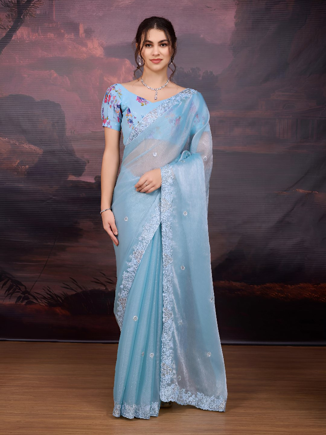 Desi Fusion Embellished Embroidered Art Silk Saree With Blouse Piece