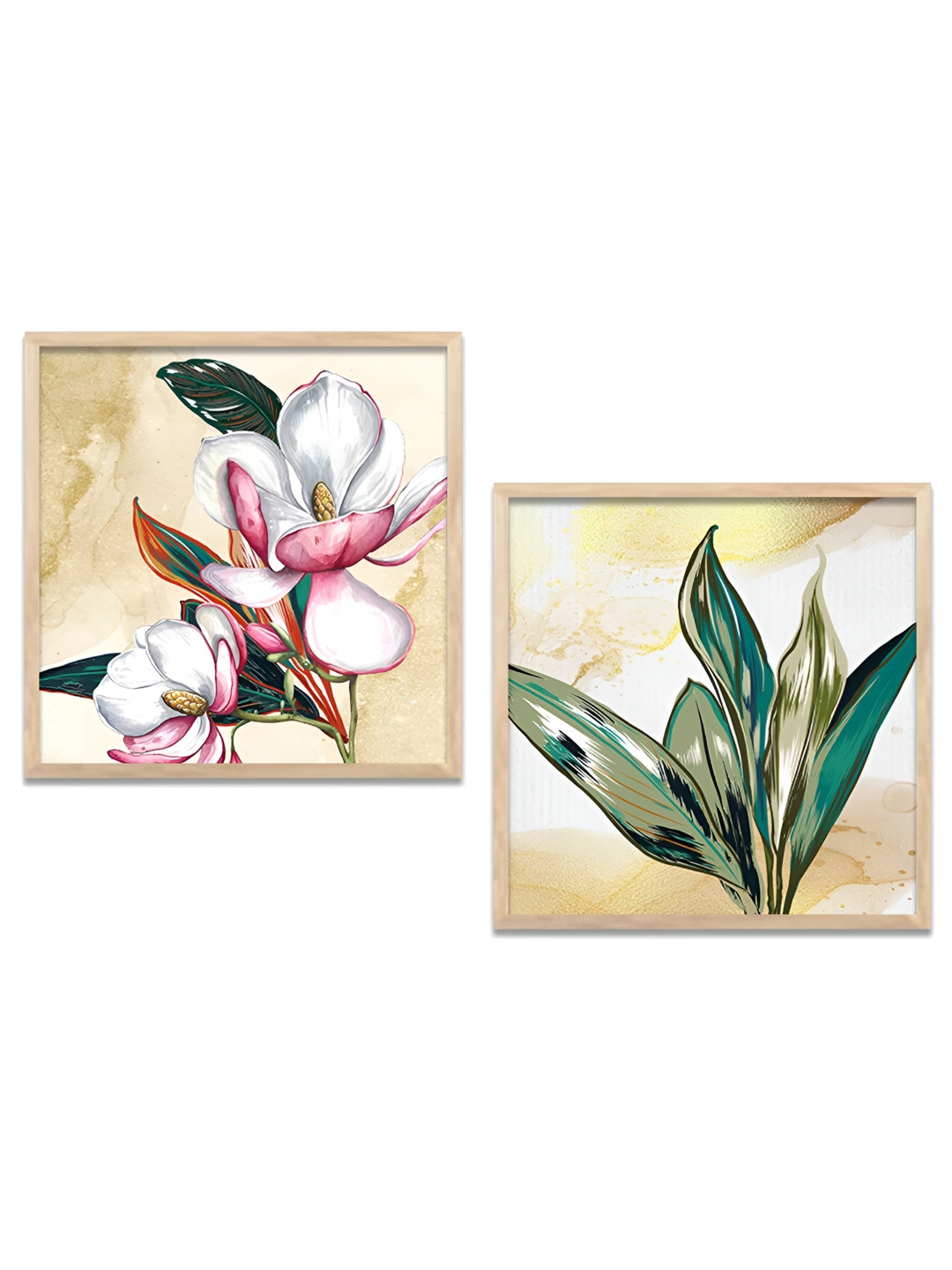 Kotart Beige & White 2 Pieces Floral Wooden Square Wall Arts