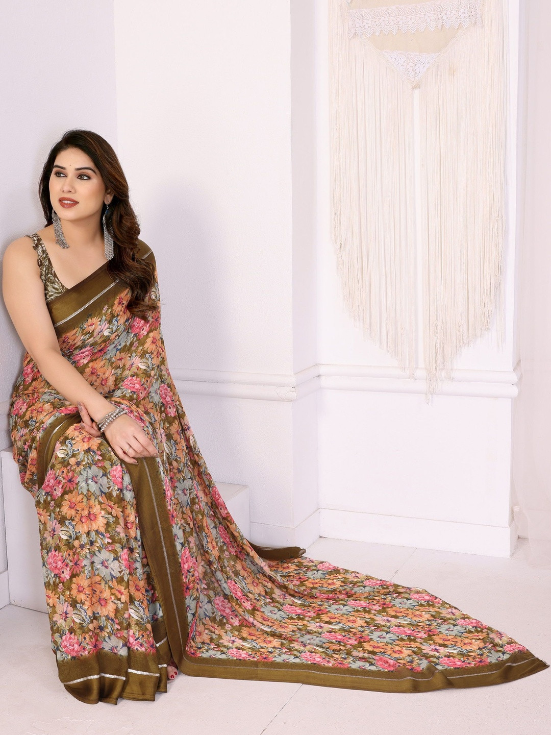 KALINI Brown Satin Printed Sarees