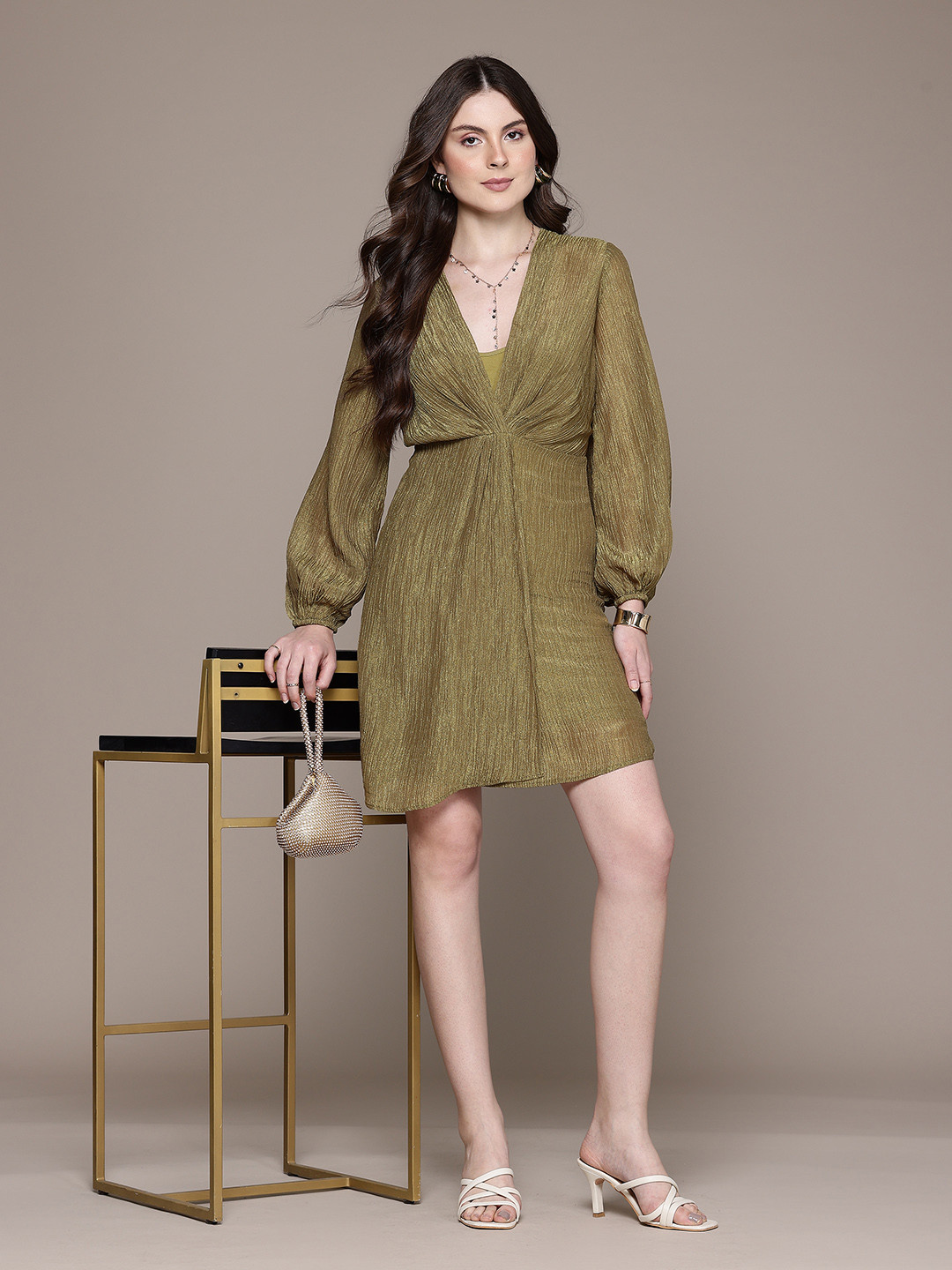 Label Ritu Kumar Plisse Effect Puff Sleeves Ruched & Wrap Detail Semi-Sheer A-Line Dress
