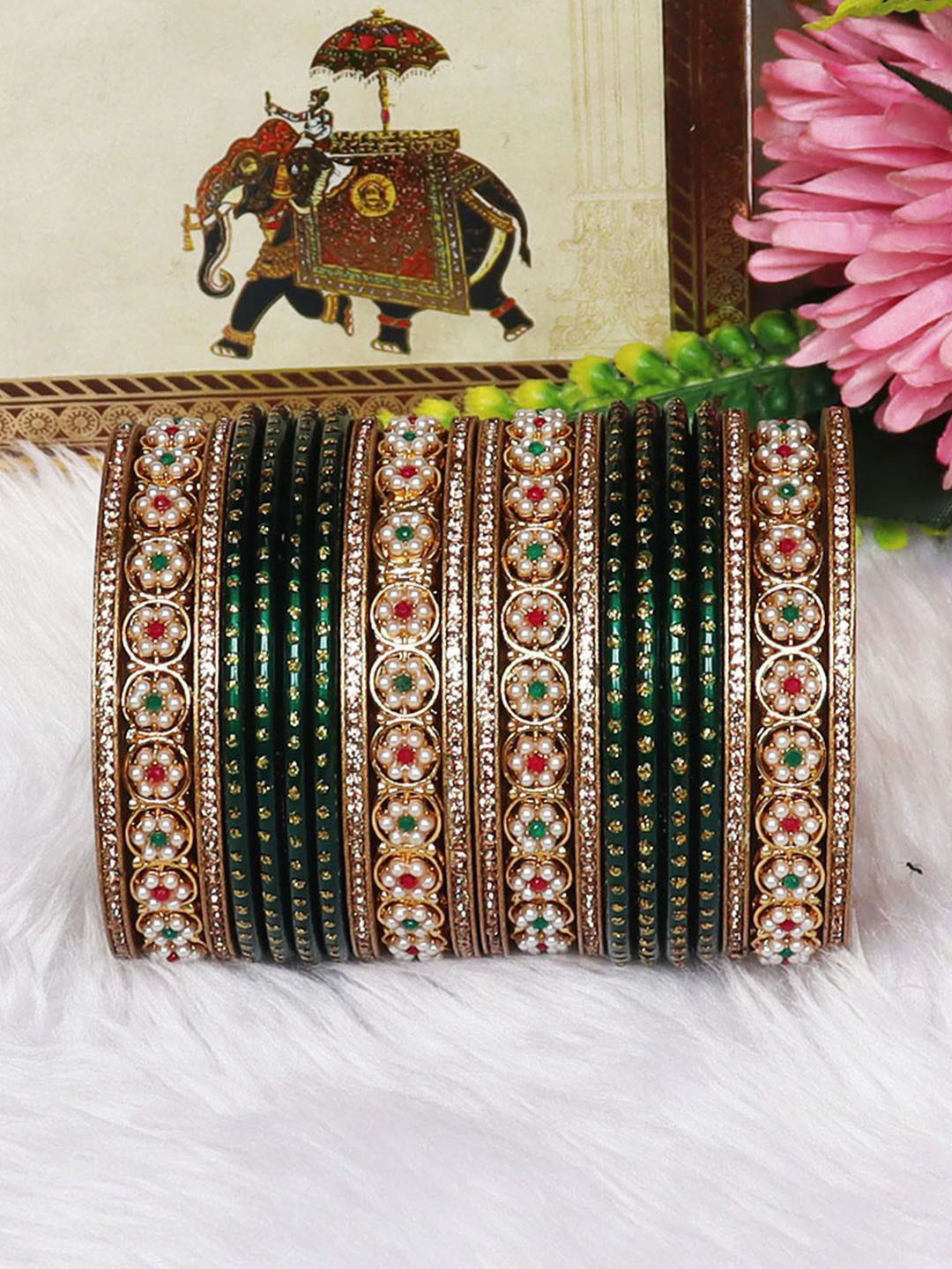 TAJ BRIDAL STORE Set Of 20 Stone Studded & Beaded Lac Bangle