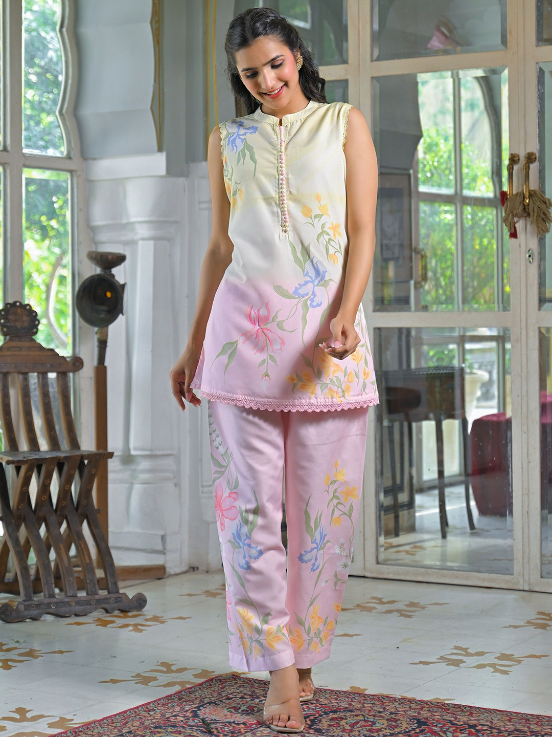 AARAAS Floral Printed Mandarin Collar Tunic And Trouser