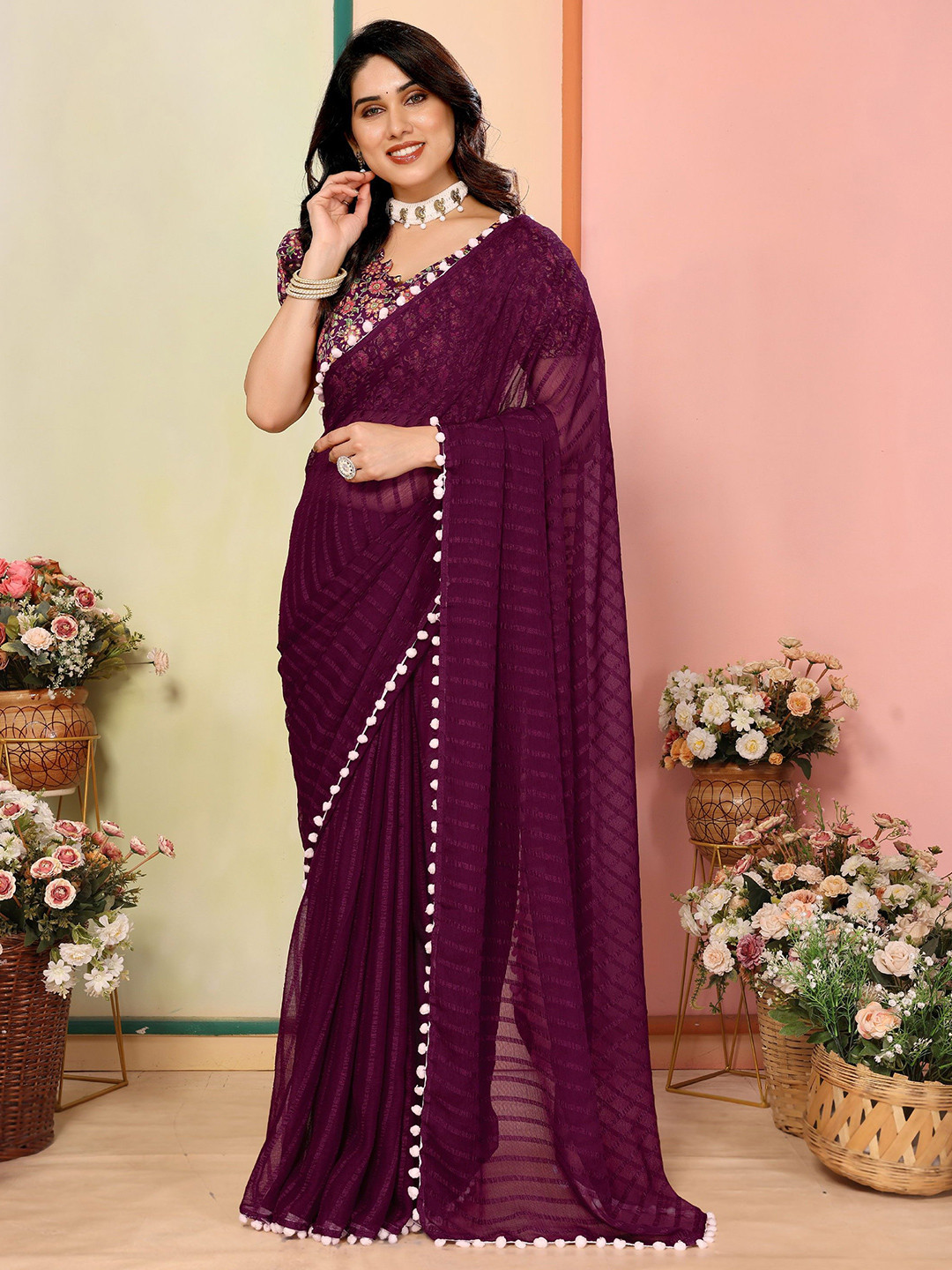 Mitera Pom Pom Border Embellished Saree With Printed Blouse