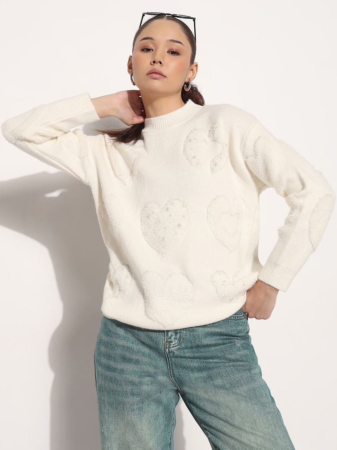 SHOWOFF Women Off White Embellished Acrylic Tops