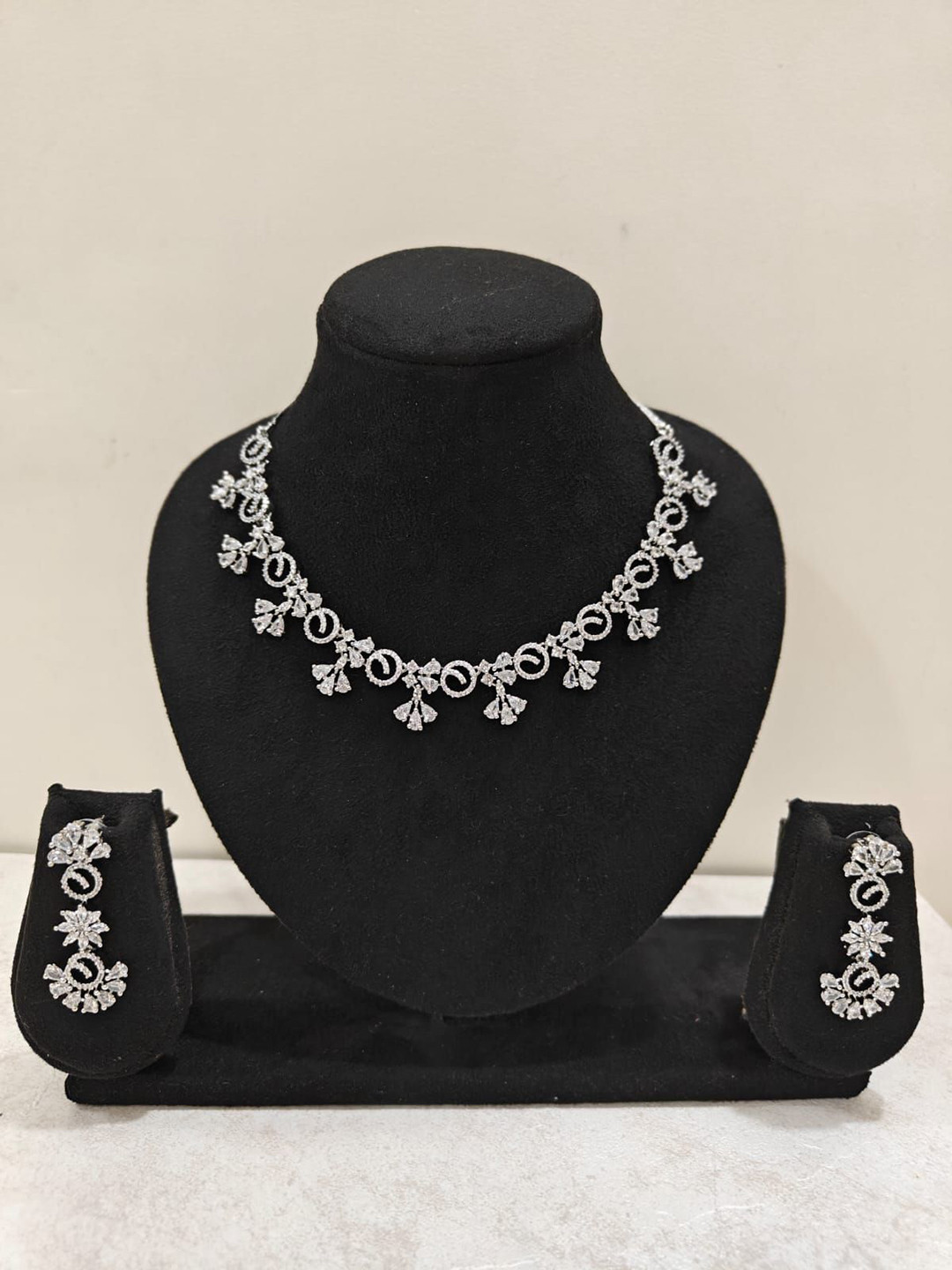 THEPANDASTOREE Silver-Plated American Diamond Studded Waterproof Floral Loop Jewellery Set