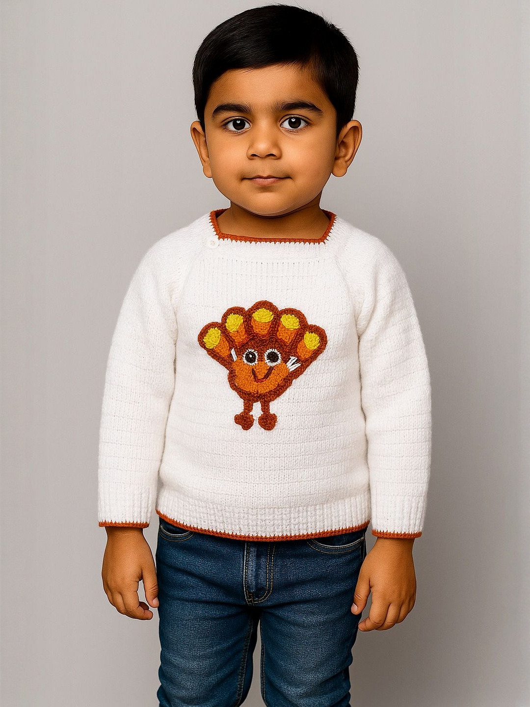 Mmaisha Unisex Kids White & Red Applique Woollen Sweater Vest
