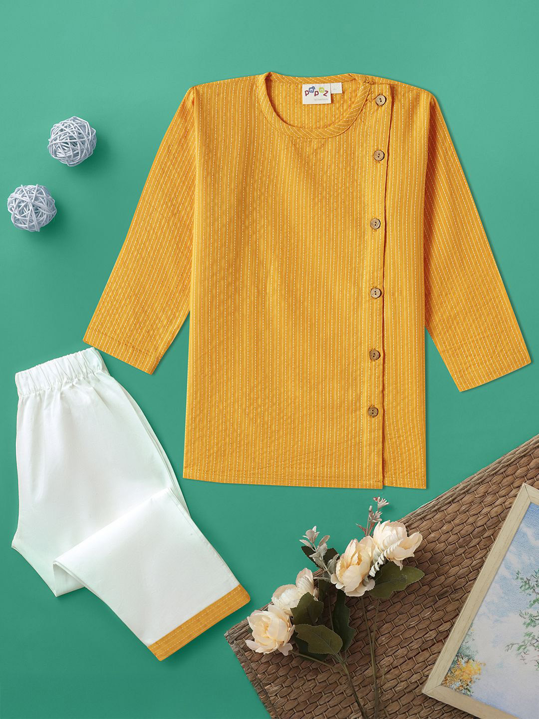 Desi Soota Boys Yellow Side Cut Katha Stitched Woven Design Pure Cotton Kurta With Pyjamas