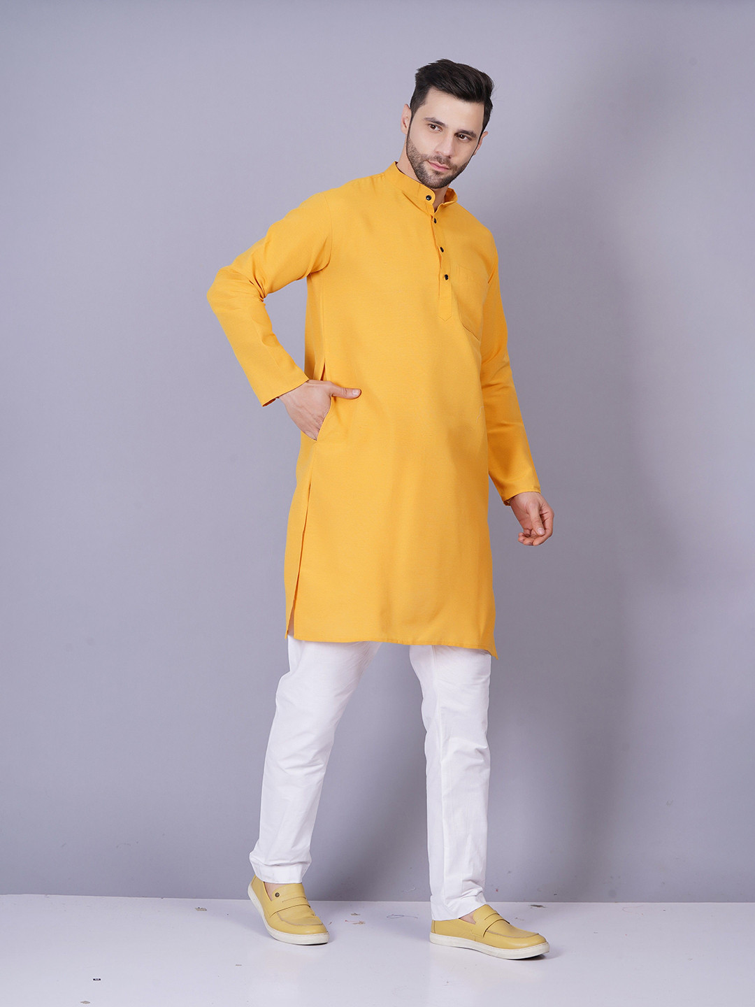 QUMASH FASHION Shirt Collar Thread Work Khadi Cotton Pathani Kurta